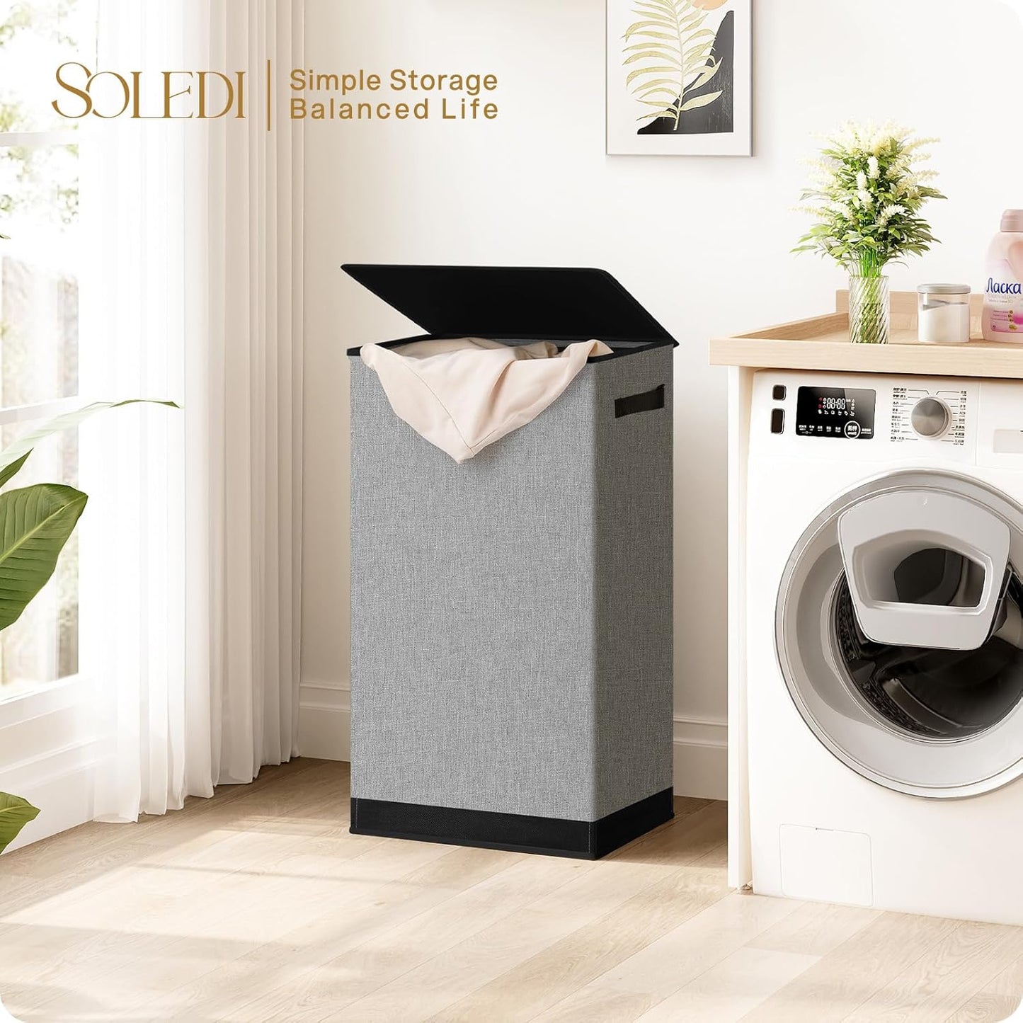 Large 100L Laundry Hamper with Lid and Bag - Collapsible Clothes Basket for Bedroom, Bathroom, Dorm - Easy to Carry and Removable - Dirty Hampers for College - Grey
