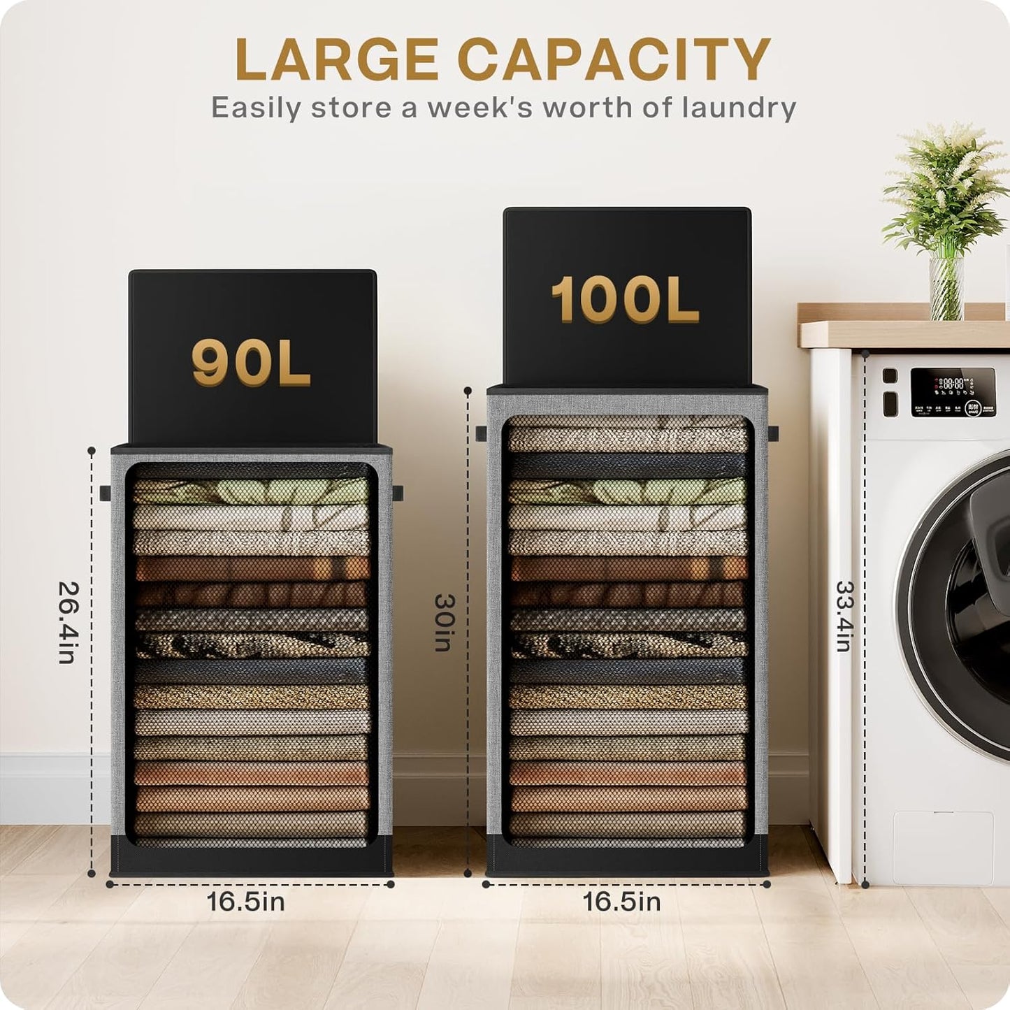 Large 100L Laundry Hamper with Lid and Bag - Collapsible Clothes Basket for Bedroom, Bathroom, Dorm - Easy to Carry and Removable - Dirty Hampers for College - Grey