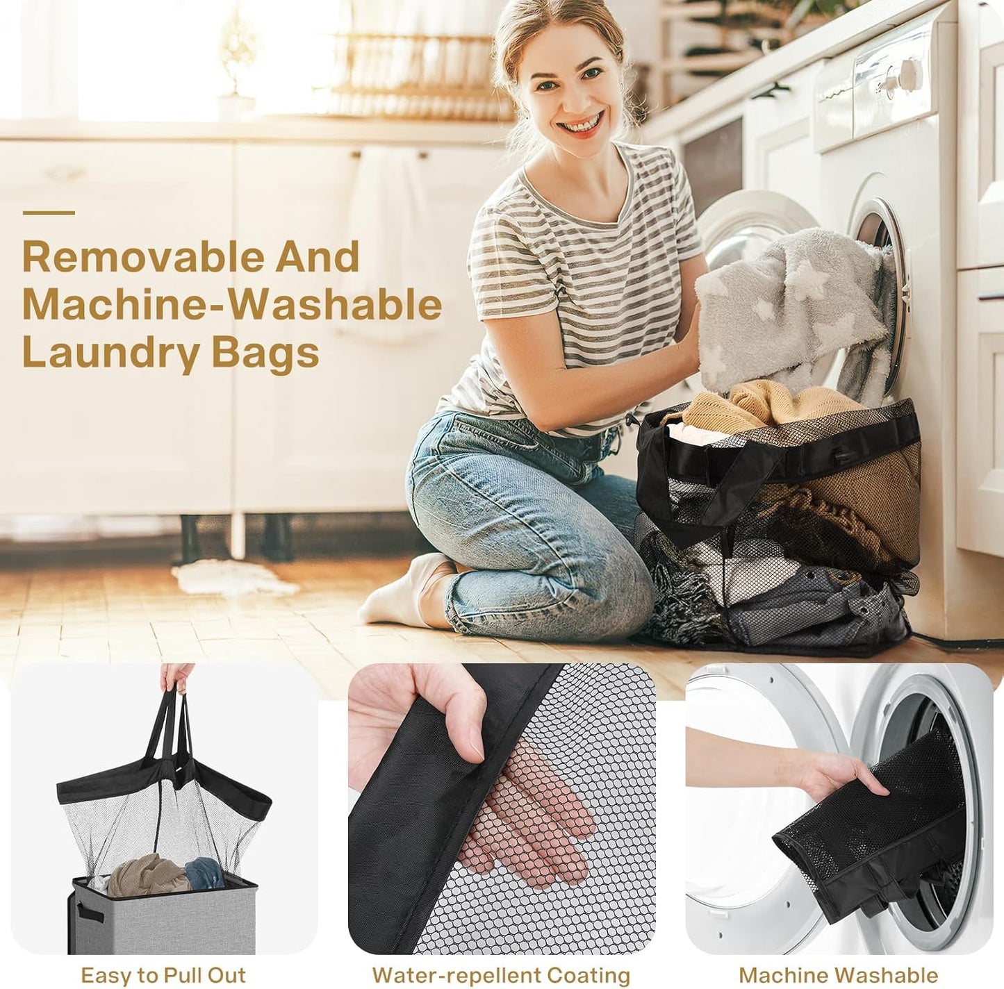 Large 100L Laundry Hamper with Lid and Bag - Collapsible Clothes Basket for Bedroom, Bathroom, Dorm - Easy to Carry and Removable - Dirty Hampers for College - Grey