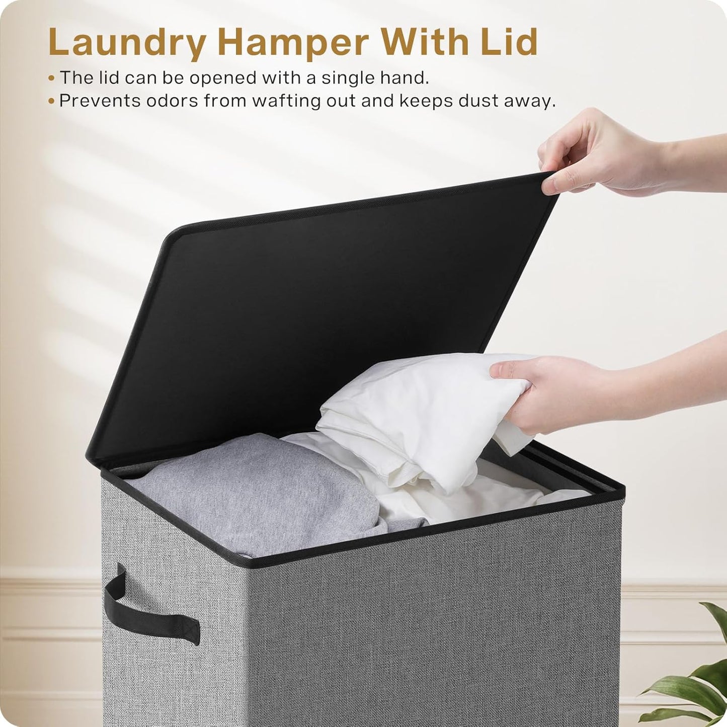 Large 100L Laundry Hamper with Lid and Bag - Collapsible Clothes Basket for Bedroom, Bathroom, Dorm - Easy to Carry and Removable - Dirty Hampers for College - Grey