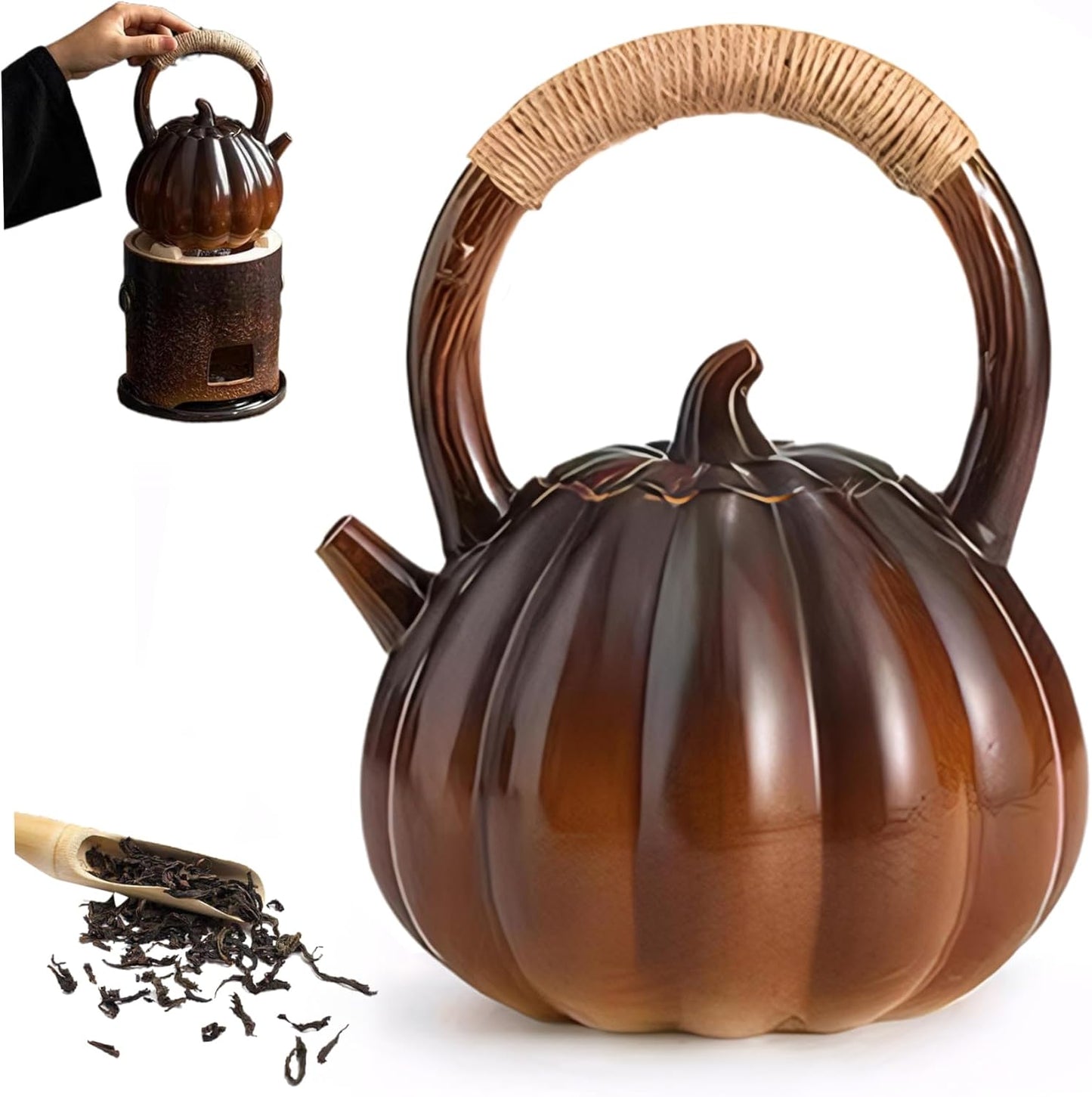 Large 1100ml Ceramic Pumpkin Teapot with Handle & Lid - Whistling Tea Kettle for Stove Top