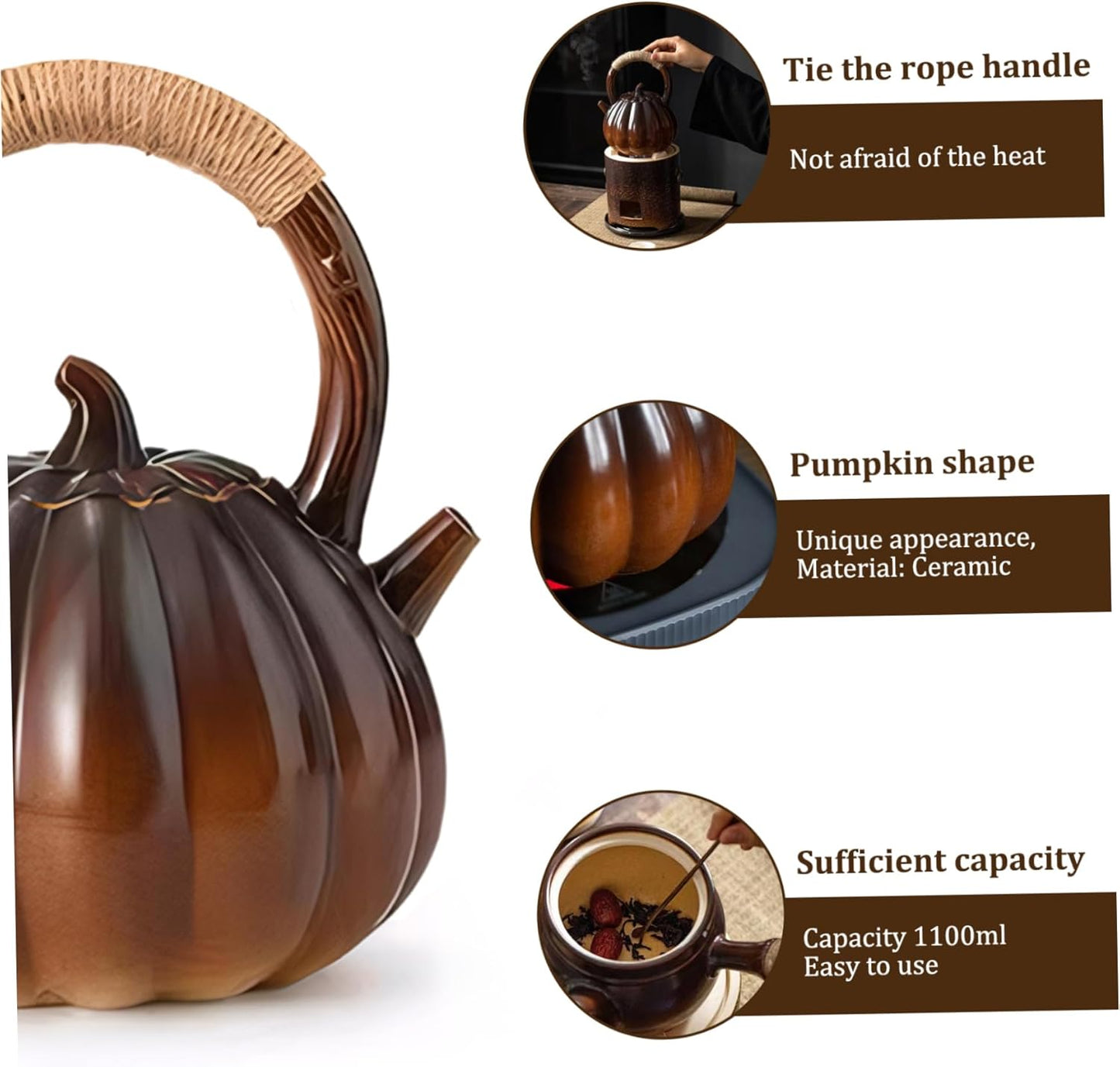 Large 1100ml Ceramic Pumpkin Teapot with Handle & Lid - Whistling Tea Kettle for Stove Top