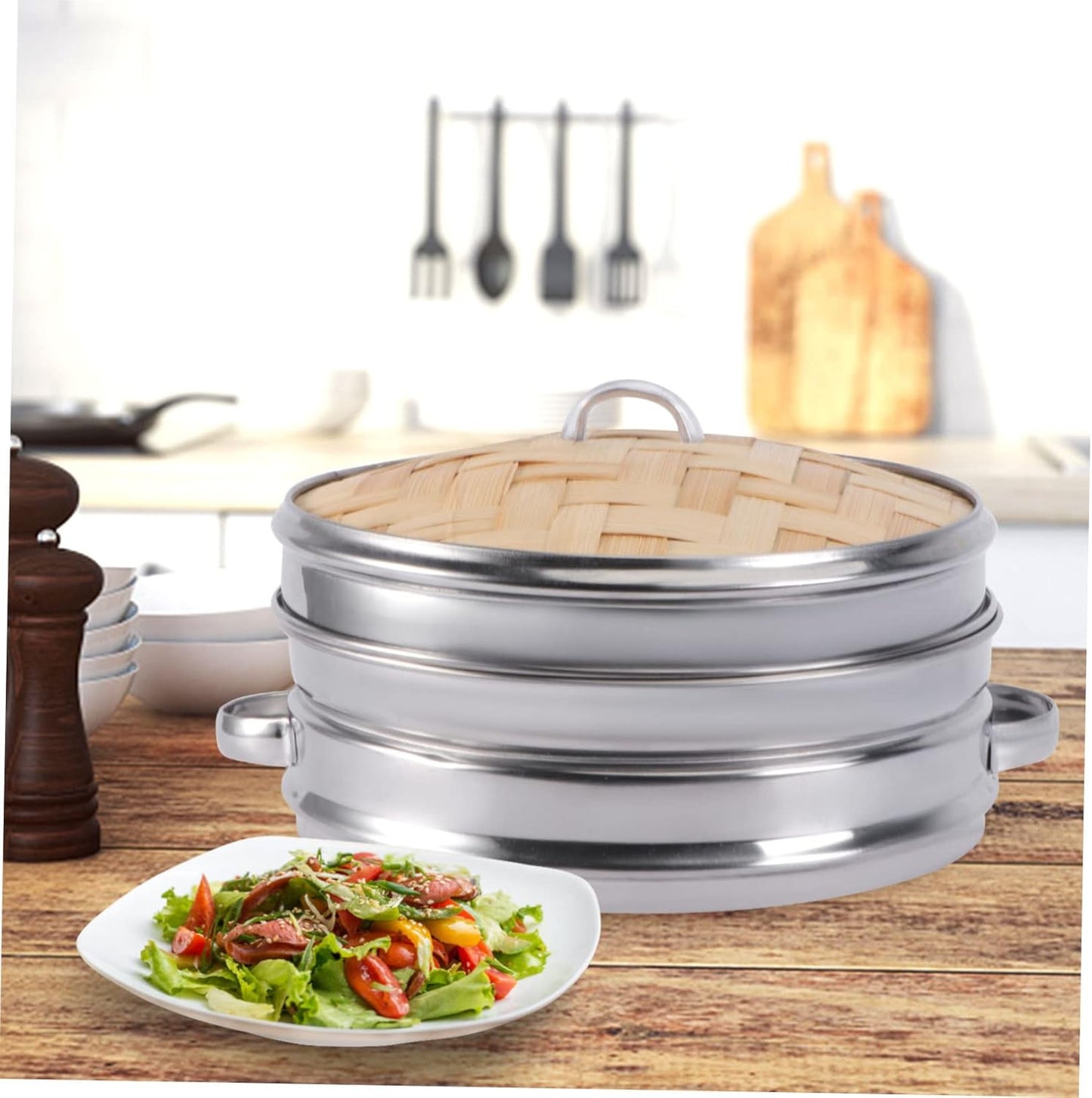 Large Bamboo Steamer with Double Ears for Dumplings - Stainless Steel Cookware for Steaming - Multifunctional Kitchen Gadgets