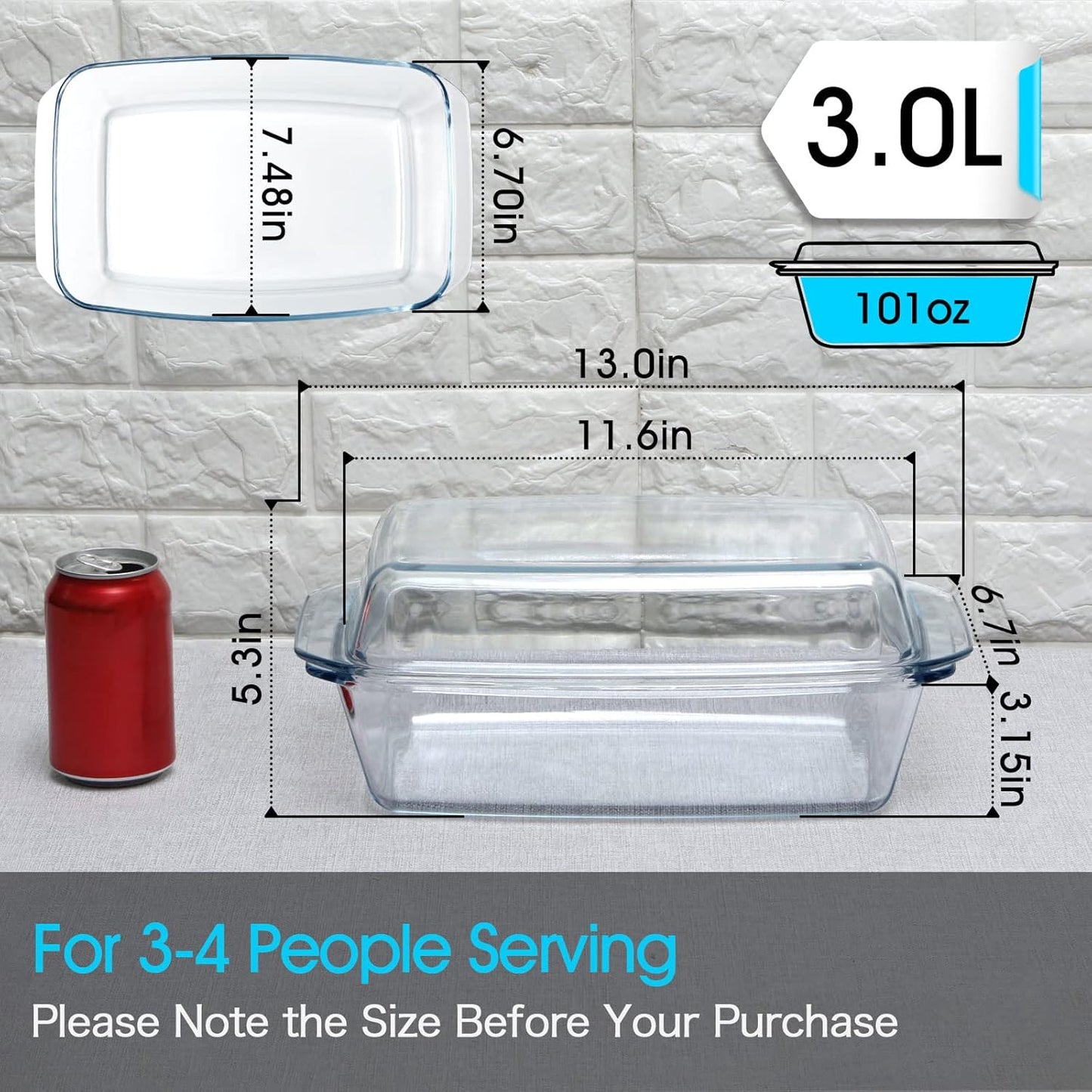 Large Rectangular Glass Baking Dish with Lid - Deep Glass Casserole Bakeware for Oven - NUTRIUPS Glass Dish