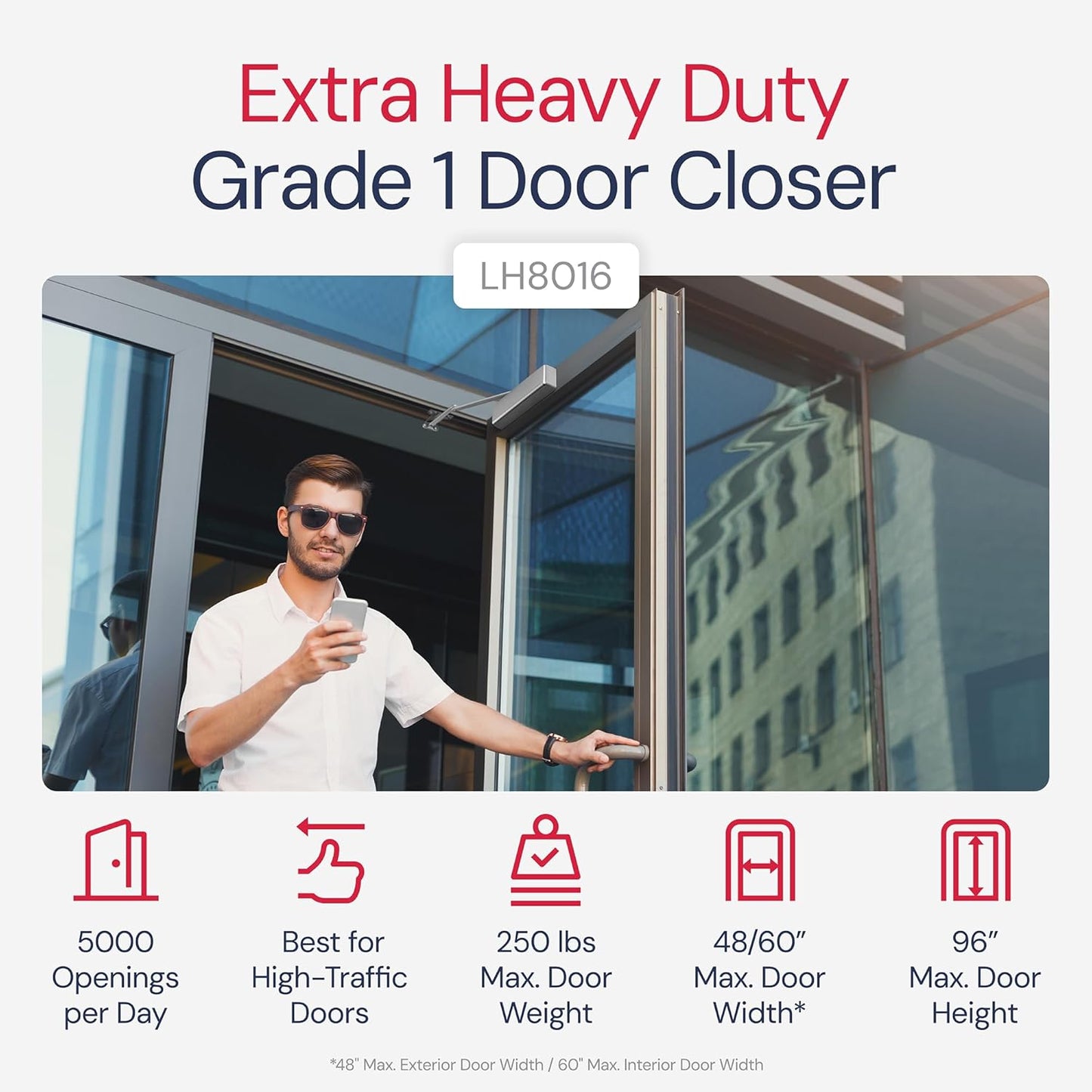Lawrence Hardware LH8016 Commercial Grade 1 Extra Heavy Duty Door Closer with 6-Speed Delayed-Action Control and 3 Pistons - Easy Installation Included
