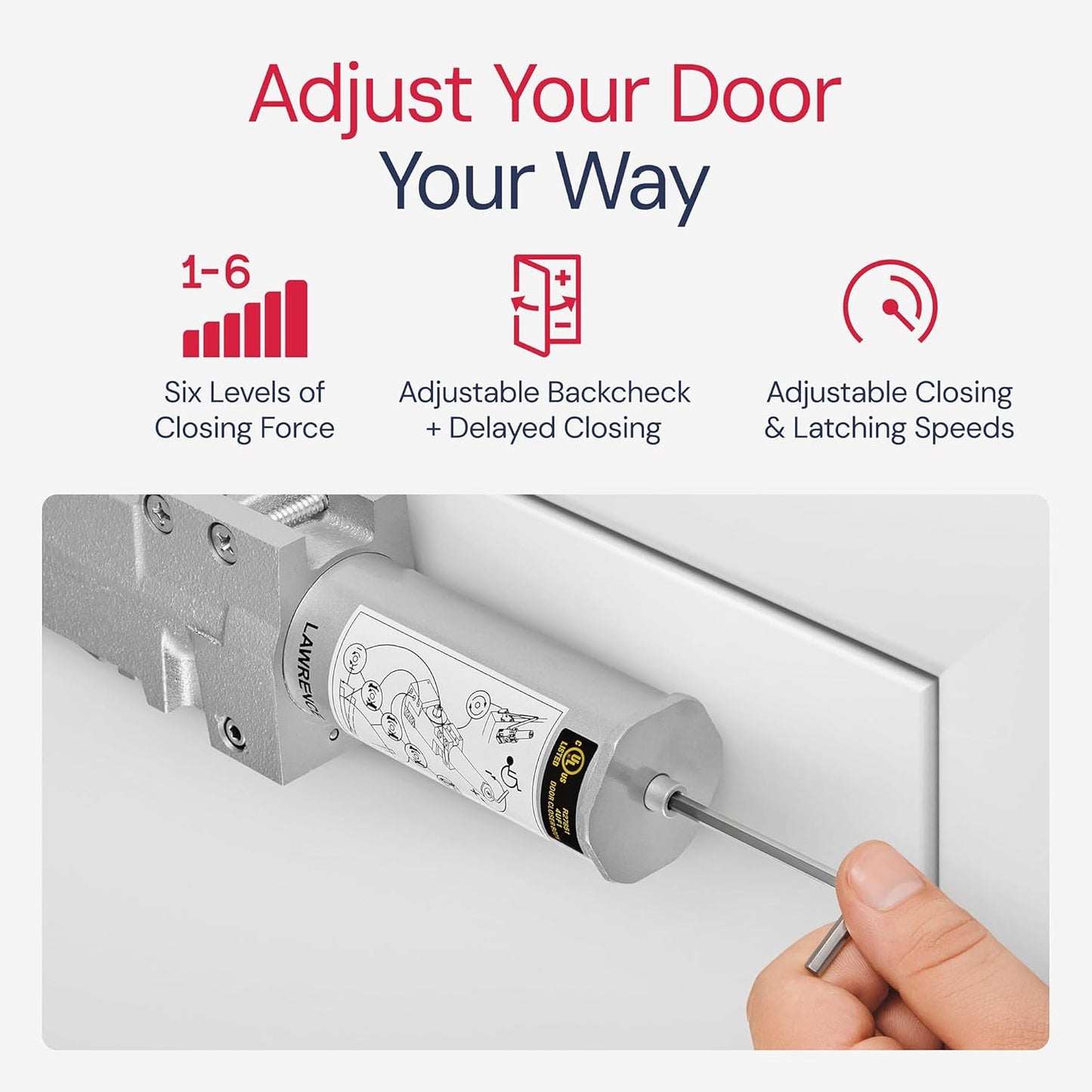 Lawrence Hardware LH8016 Commercial Grade 1 Extra Heavy Duty Door Closer with 6-Speed Delayed-Action Control and 3 Pistons - Easy Installation Included