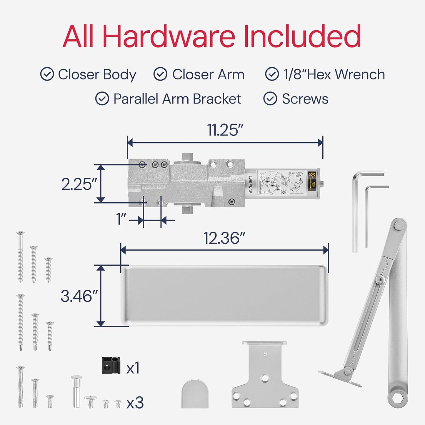 Lawrence Hardware LH8016 Commercial Grade 1 Extra Heavy Duty Door Closer with 6-Speed Delayed-Action Control and 3 Pistons - Easy Installation Included