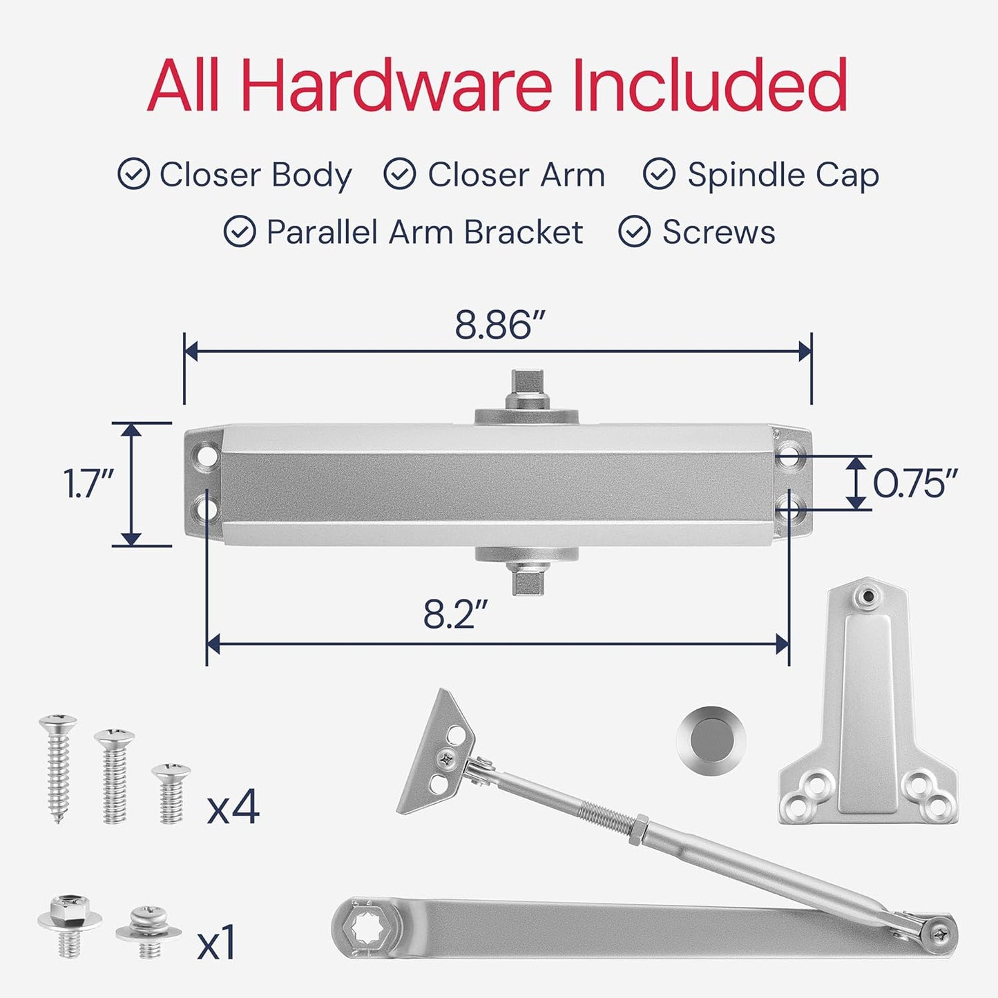 Lawrence LH534 Aluminum Medium Duty Commercial Automatic Door Closer for Home, Garage & Light Commercial Doors - Surface-Mounted Residential Hydraulic Door Closer