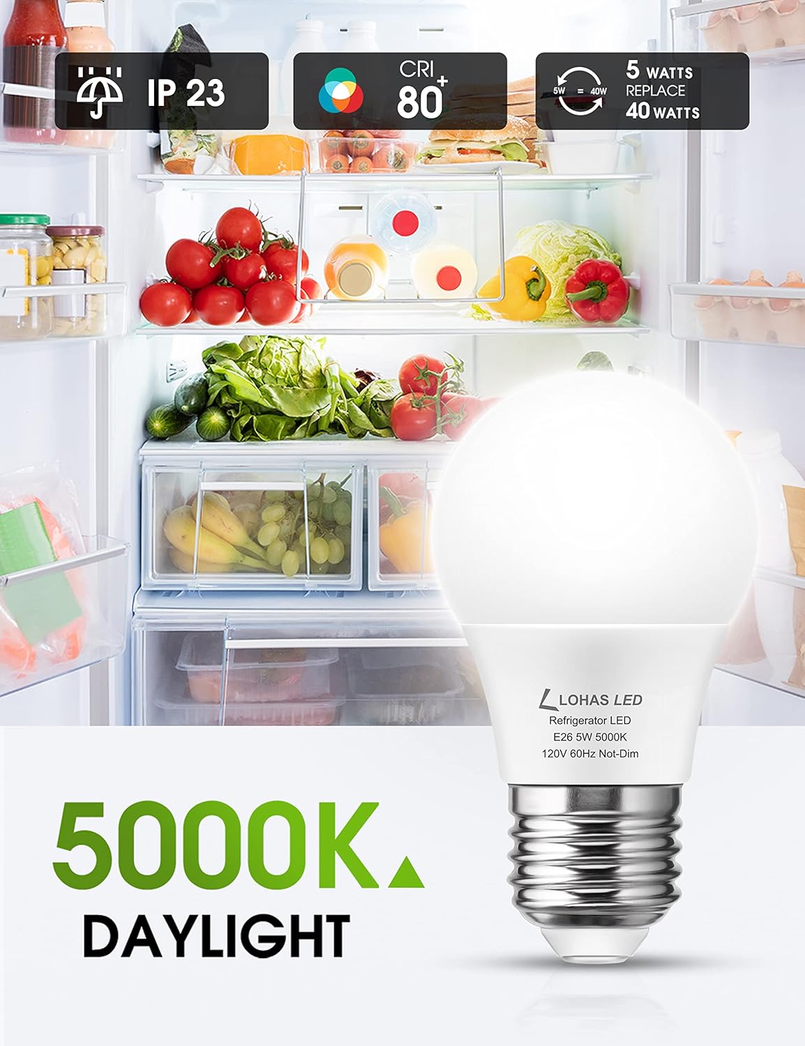 LED Refrigerator Light Bulb 40W Equivalent Waterproof 120V A15 Fridge Bulbs 5W E26 Daylight White 5000K for Home Kitchen Lighting - Non-dimmable, Pack of 2