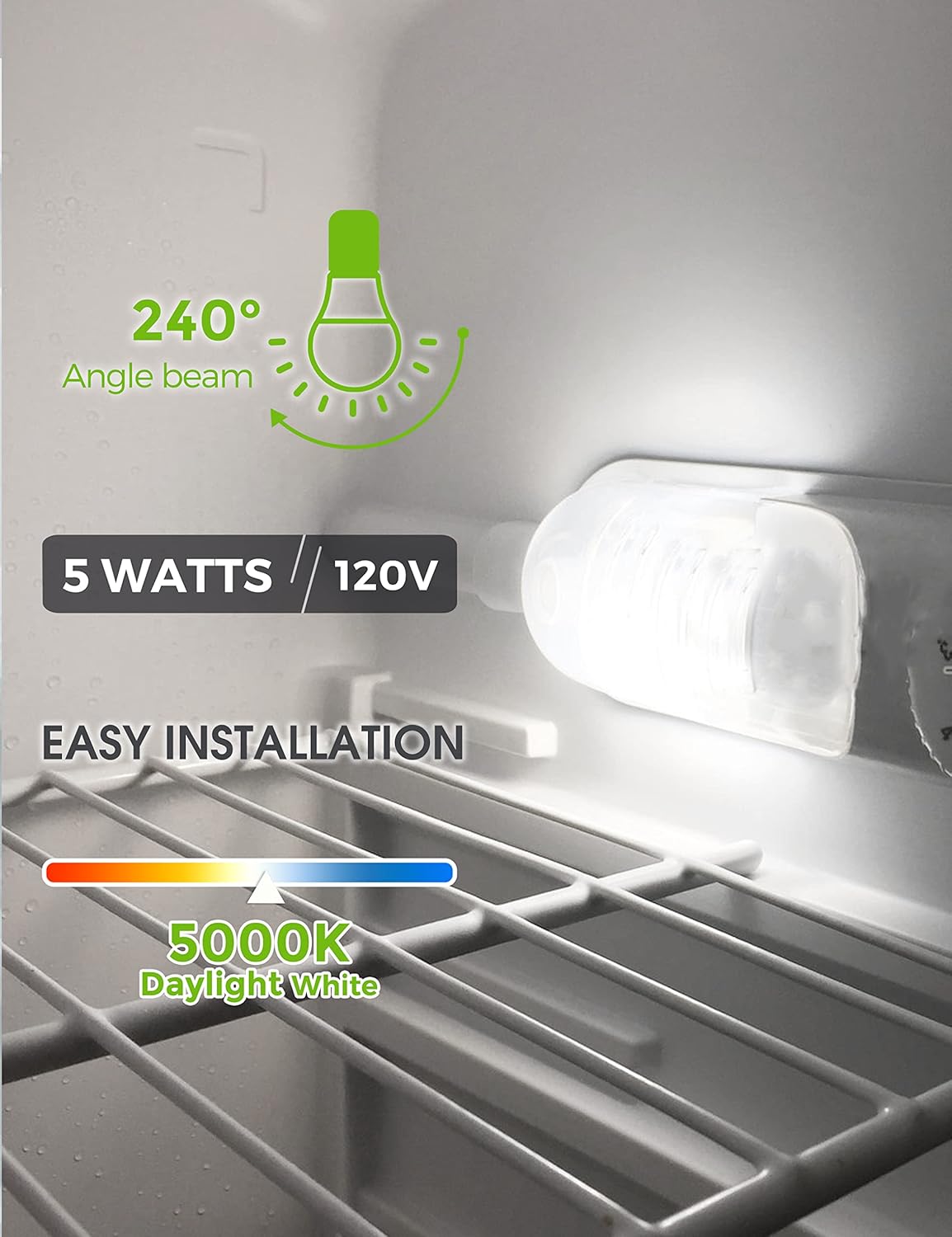 LED Refrigerator Light Bulb 40W Equivalent Waterproof 120V A15 Fridge Bulbs 5W E26 Daylight White 5000K for Home Kitchen Lighting - Non-dimmable, Pack of 2
