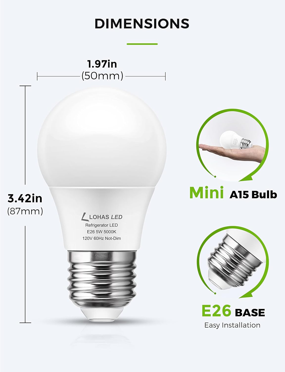 LED Refrigerator Light Bulb 40W Equivalent Waterproof 120V A15 Fridge Bulbs 5W E26 Daylight White 5000K for Home Kitchen Lighting - Non-dimmable, Pack of 2