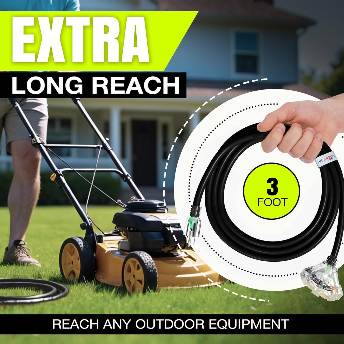 LifeSupplyUSA 3ft Waterproof Outdoor & Indoor Power Extension Cord - 3 Prong, 3-Outlet, SJTW, 12 Gauge, 15 AMP - 125V, 1875W, Black