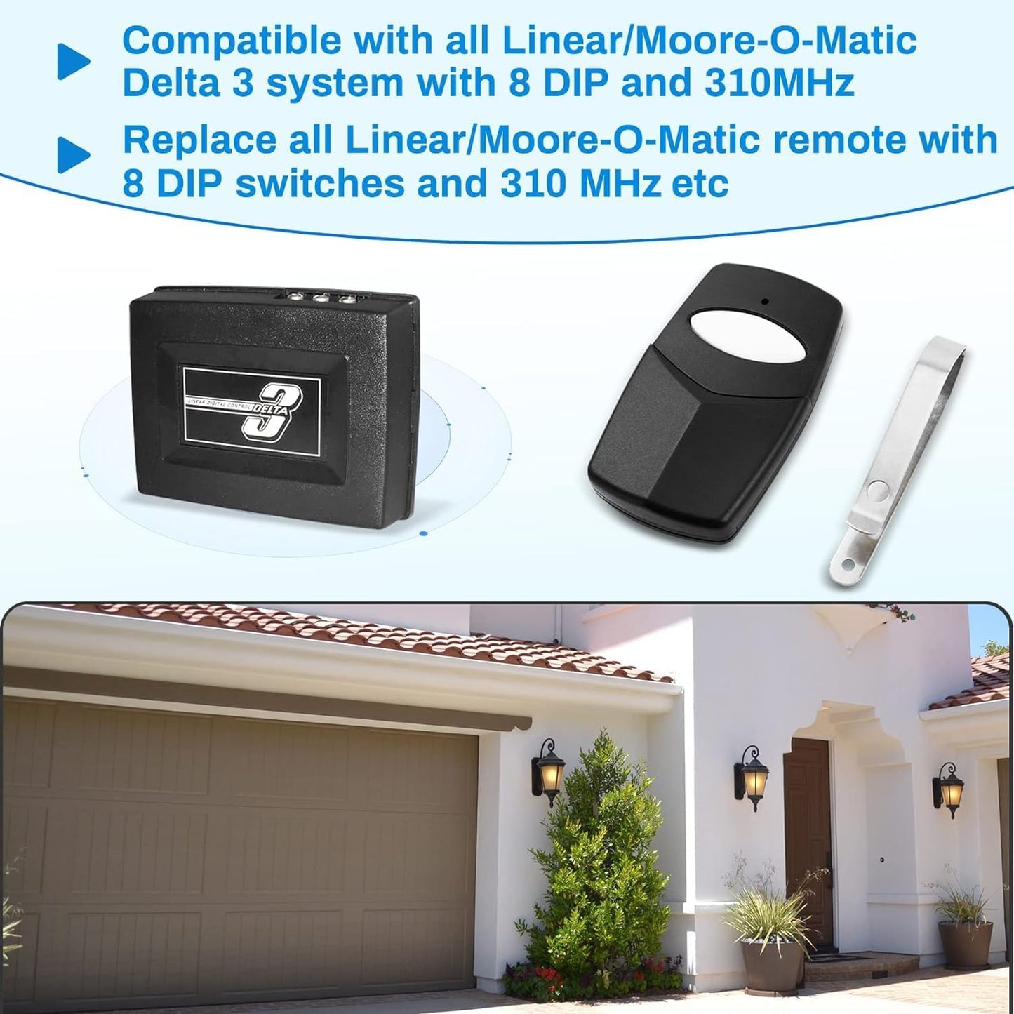 Linear Delta 3 Garage Door Remote 4-Pack with 8 DIP Switches - Compatible with DTD DNT00002A DNT00017A - 310 MHz 1-Button Control Transmitter