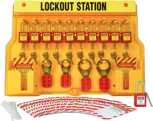 Lockout Tagout Station with 10 Safety Padlocks, 4 Hasps, 40 Lockout Tags, 40 Nylon Ties - OSHA Compliance Kit