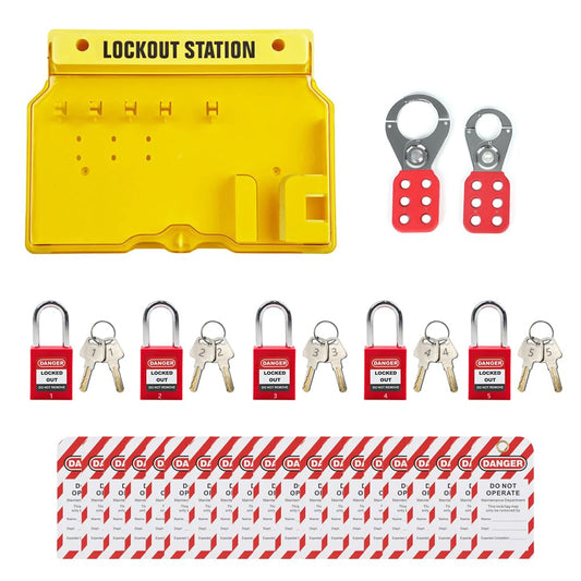 Lockout Tagout Station with 5 Safety Padlocks, 2 Hasps, Tags, and Ties for Industrial Safety Compliance