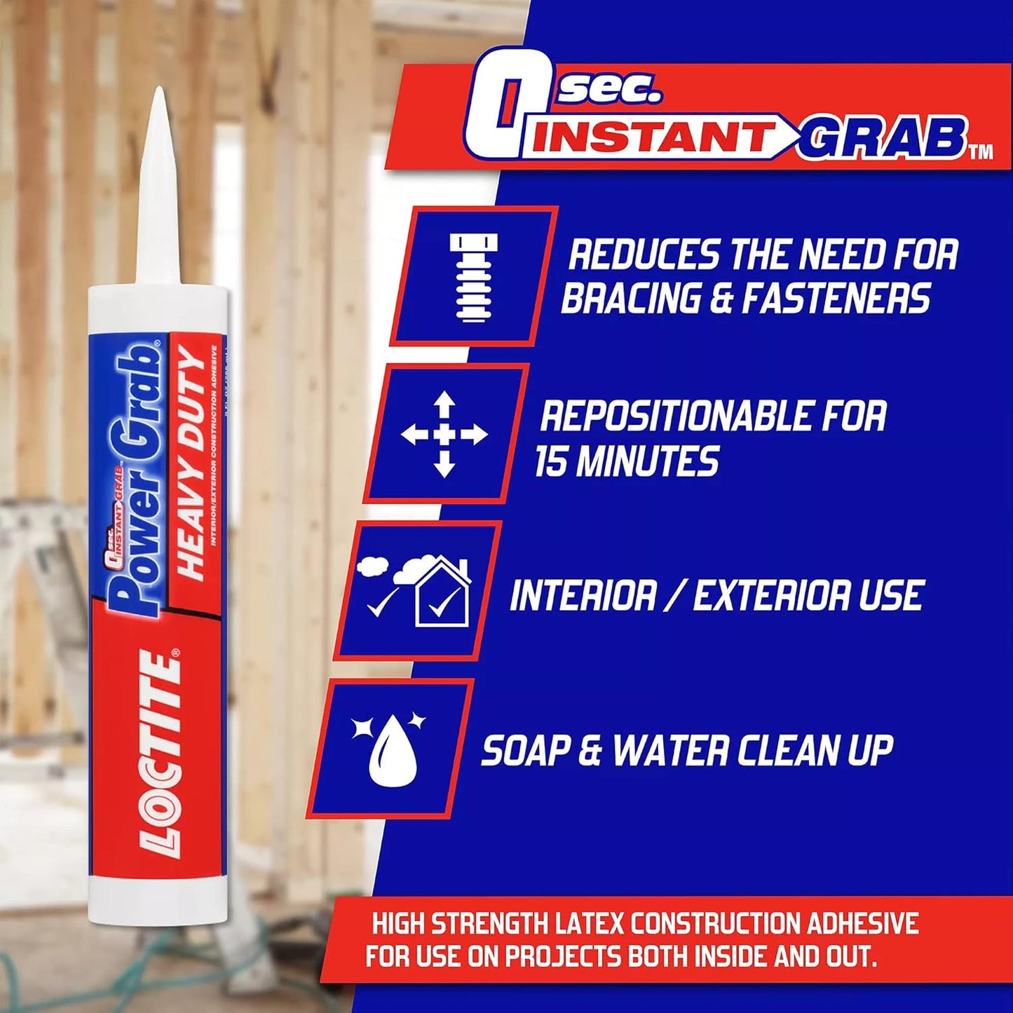 Loctite Power Grab Express Heavy Duty Construction Adhesive - Versatile Glue for Wood, Wall, Tile, Foam Board - 9 fl oz - 1 Pack