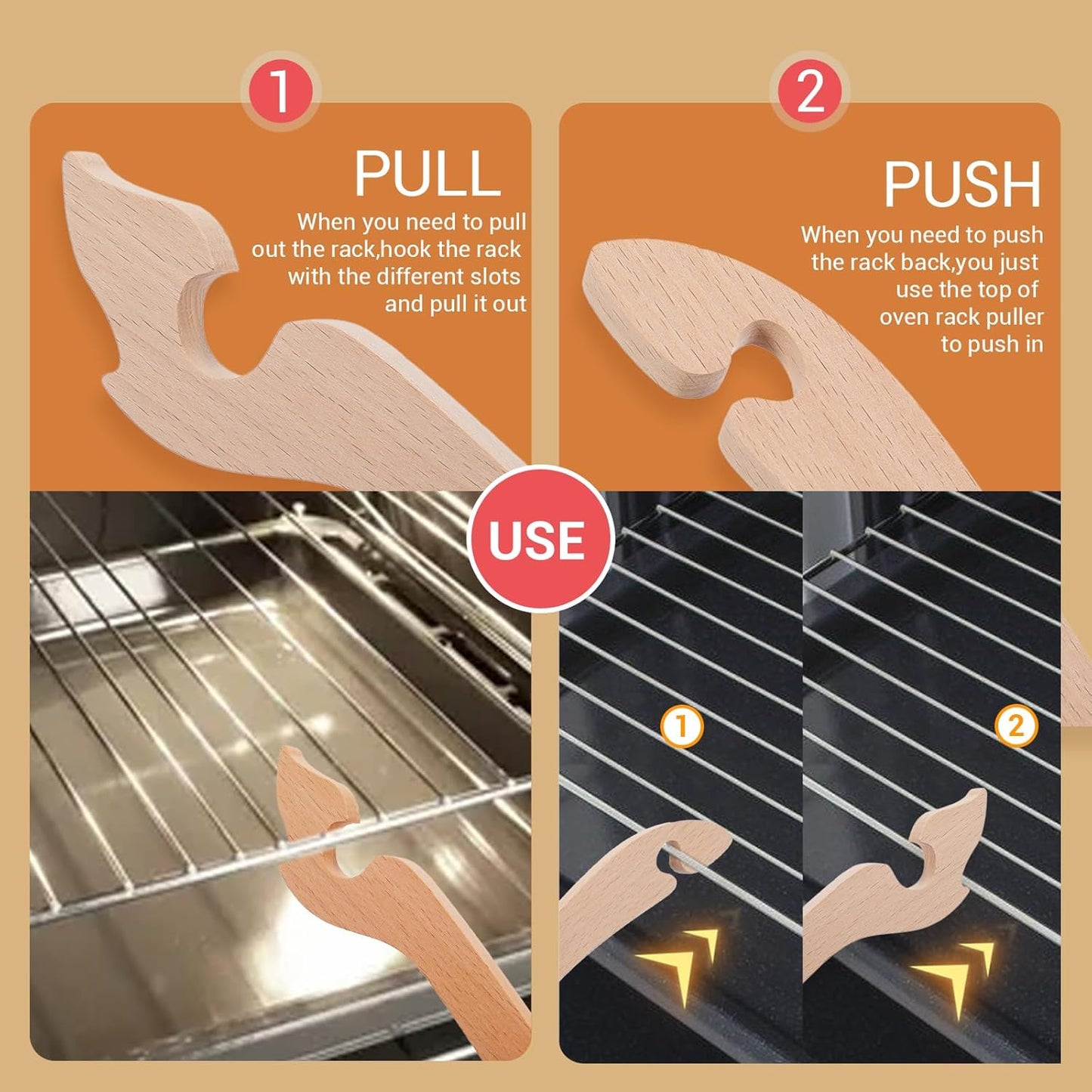 Long Handle Wooden Oven Rack Puller Tool for Baking Kitchen Air Fryer Gadgets - 11 inches