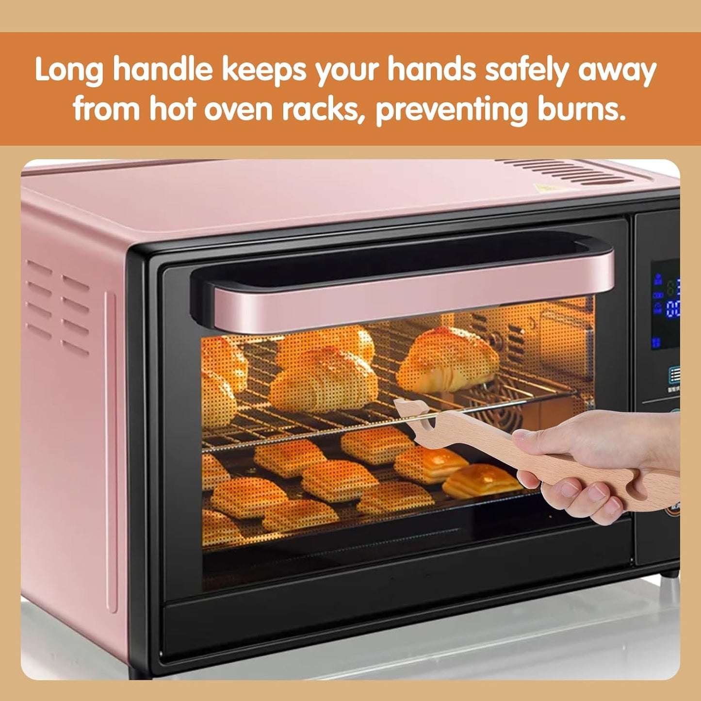 Long Handle Wooden Oven Rack Puller Tool for Baking Kitchen Air Fryer Gadgets - 11 inches