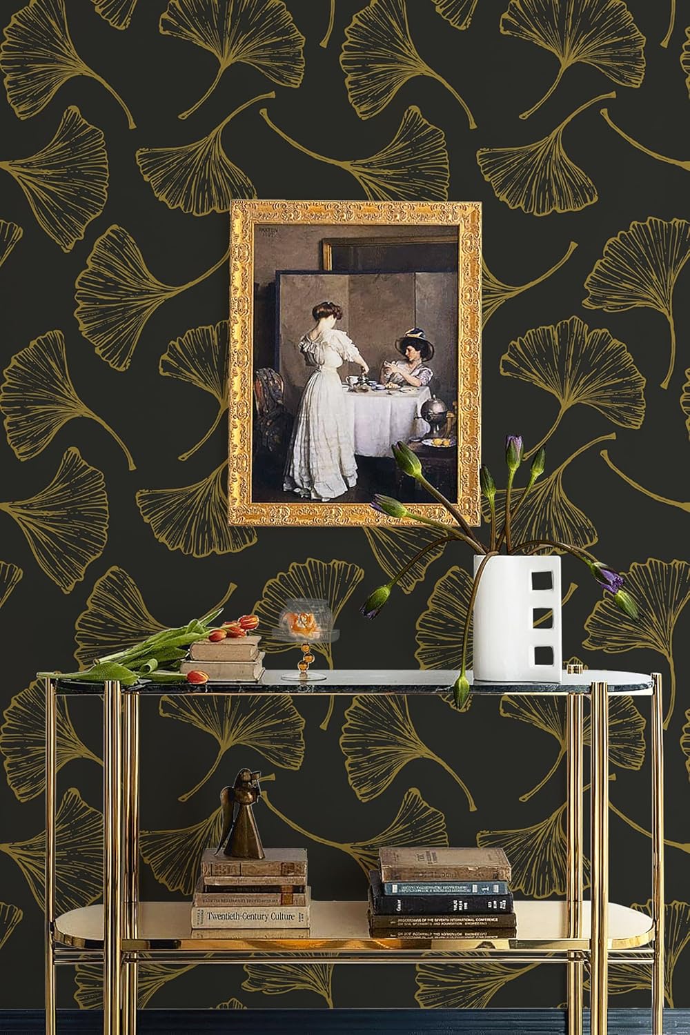 Luxurious Black and Gold Ginkgo Leaves Peel and Stick Wallpaper - 17.3In x 78.7In - Self-Adhesive and Removable - Ideal for Living Room, Bedroom, and Cabinets