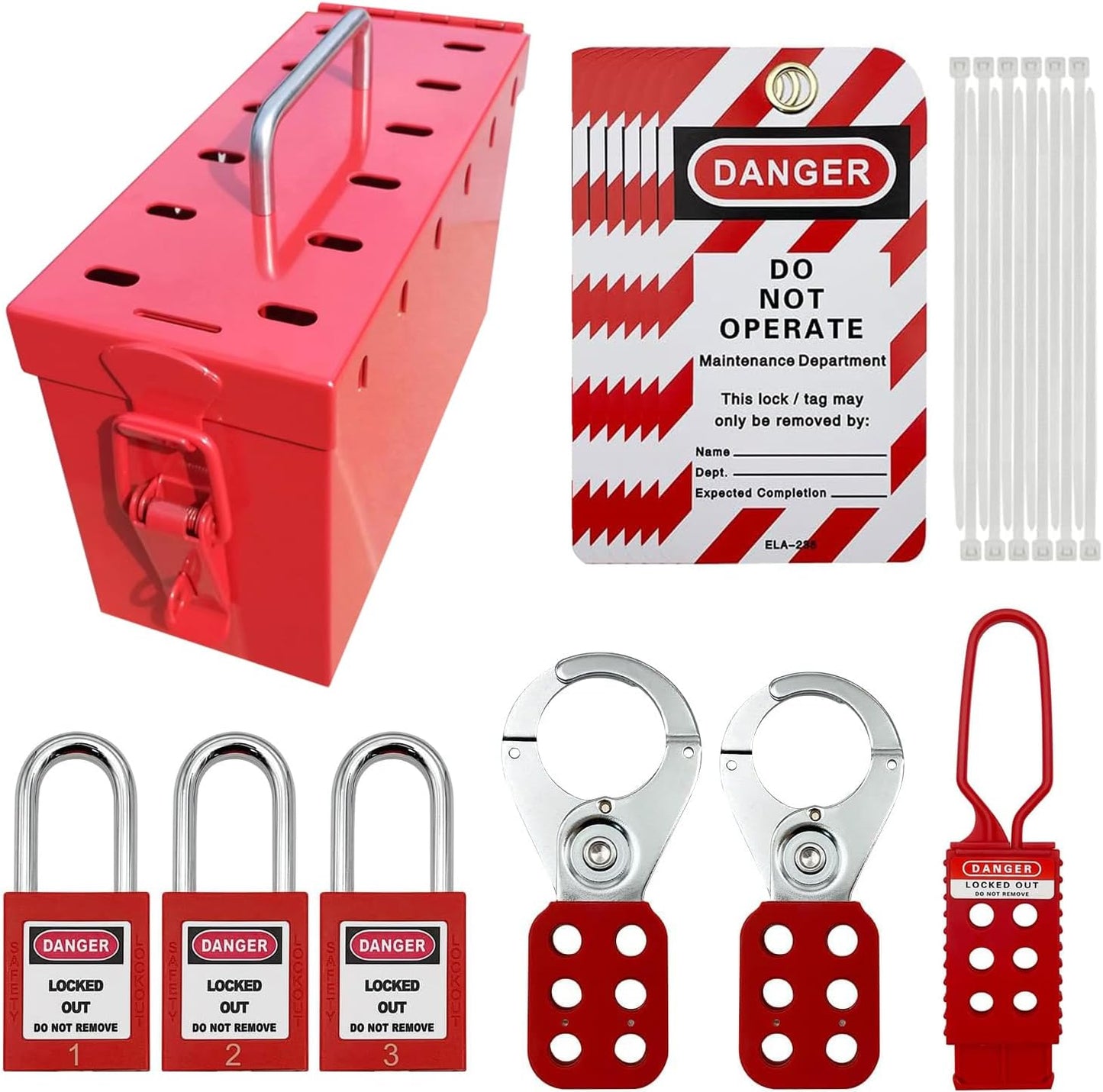 MACCANN&ESSIN Electrical Lockout Tagout Kit with Group Lock Out Boxes, Hasps, Tags, Padlocks, and Nylon Ties in Red Bag