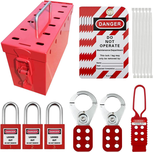 MACCANN&ESSIN Electrical Lockout Tagout Kit with Group Lock Out Boxes, Hasps, Tags, Padlocks, and Nylon Ties in Red Bag