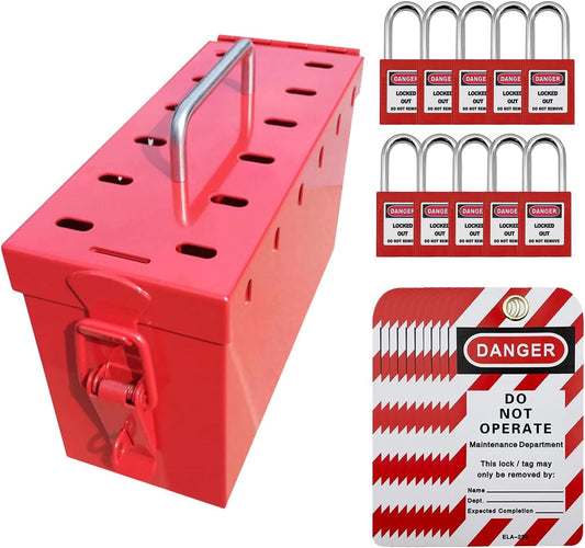 MACCANN&ESSIN Lockout Tagout Locks Set - 20 Piece Kit with Red Loto Locks, Tags, and Group Lock Box - OSHA Compliant Safety Padlocks