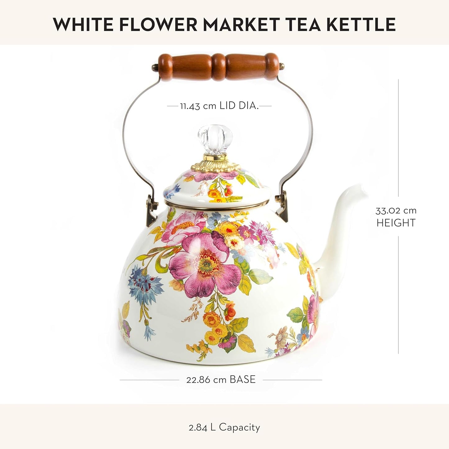 MACKENZIE-CHILDS White Flower Market Enamel Tea Kettle - Stylish 3 Quart Stovetop Tea Kettle