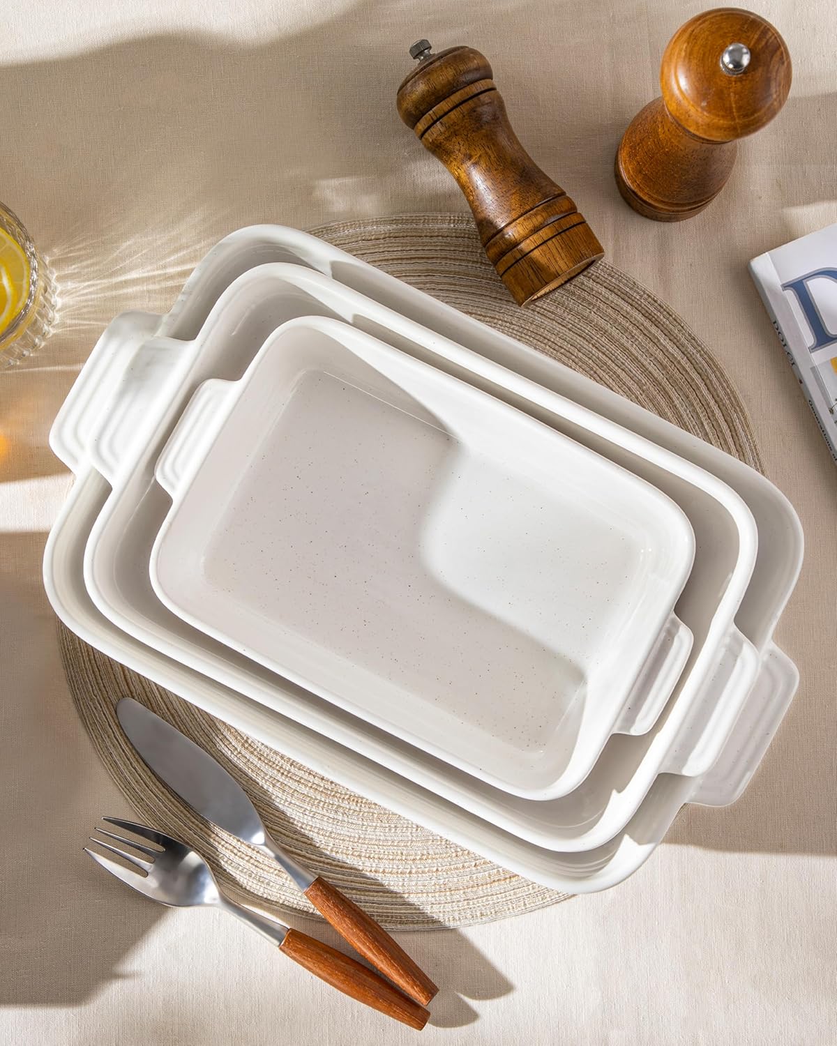 MALACASA Ceramic Baking Dishes Set of 3, Rectangular Lasagna Pan Deep with Handles, Khaki White, Series TARA