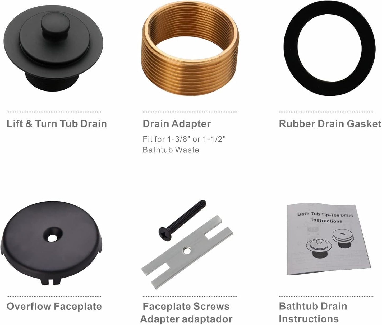 Matte Black Bathtub Drain Conversion Kit with Lift and Turn Trim - Universal Thread