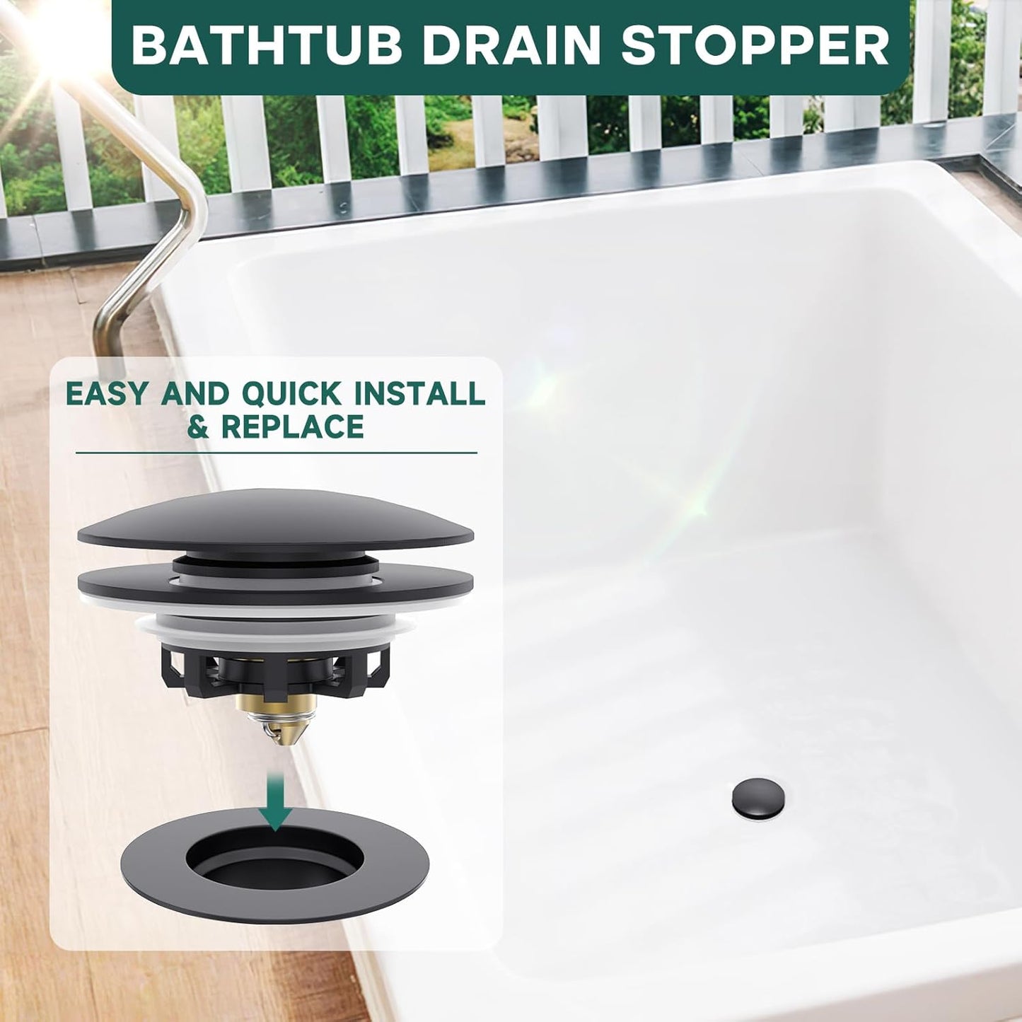 Matte Black Citymoor Universal Tub Stopper Tip Toe Drain Plug - Easy Install & Clean, Replaces Multiple Tub Drains