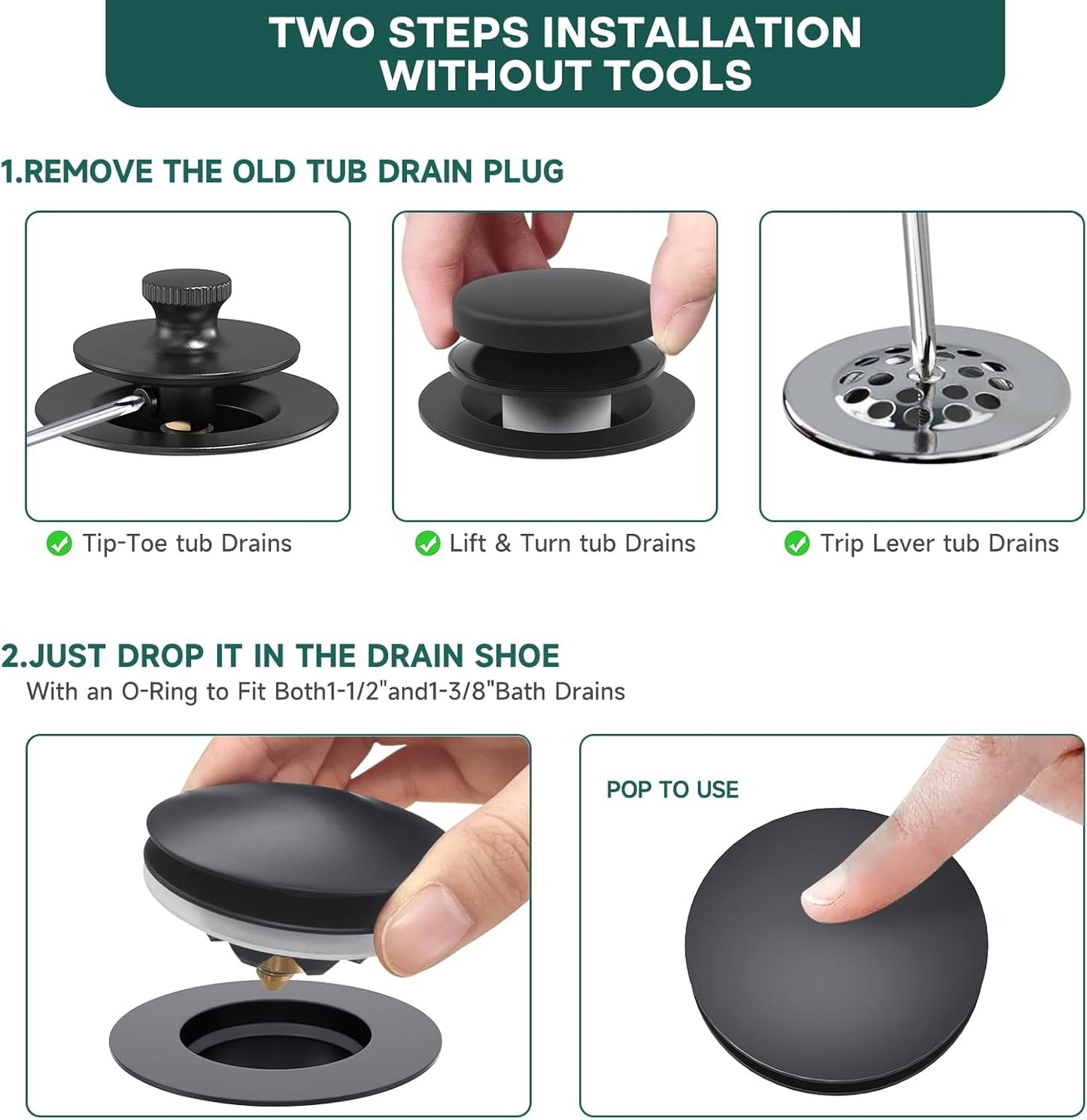 Matte Black Citymoor Universal Tub Stopper Tip Toe Drain Plug - Easy Install & Clean, Replaces Multiple Tub Drains