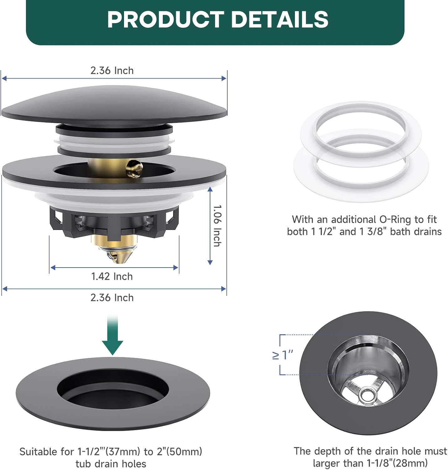 Matte Black Citymoor Universal Tub Stopper Tip Toe Drain Plug - Easy Install & Clean, Replaces Multiple Tub Drains