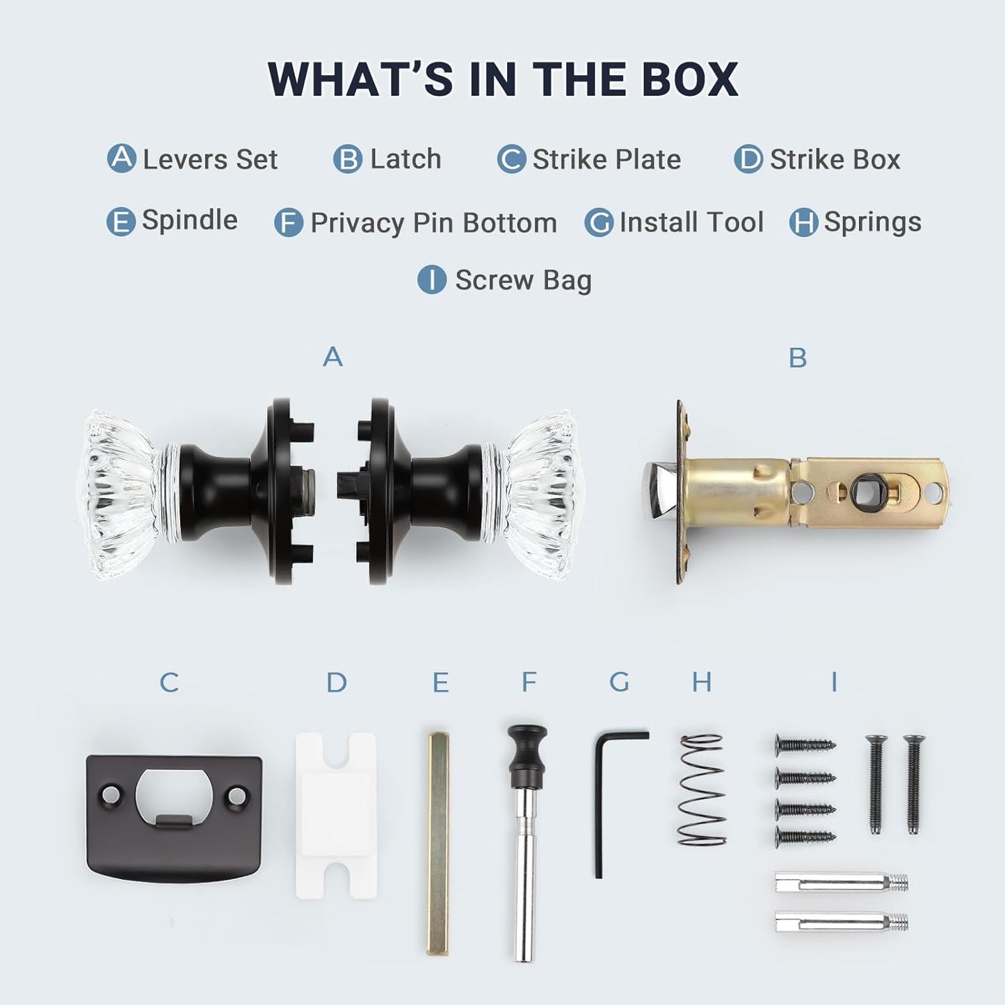 Matte Black Crystal Door Knobs with Lock - Modern Round Frosted Glass Interior Knobs for Bed and Bath Privacy