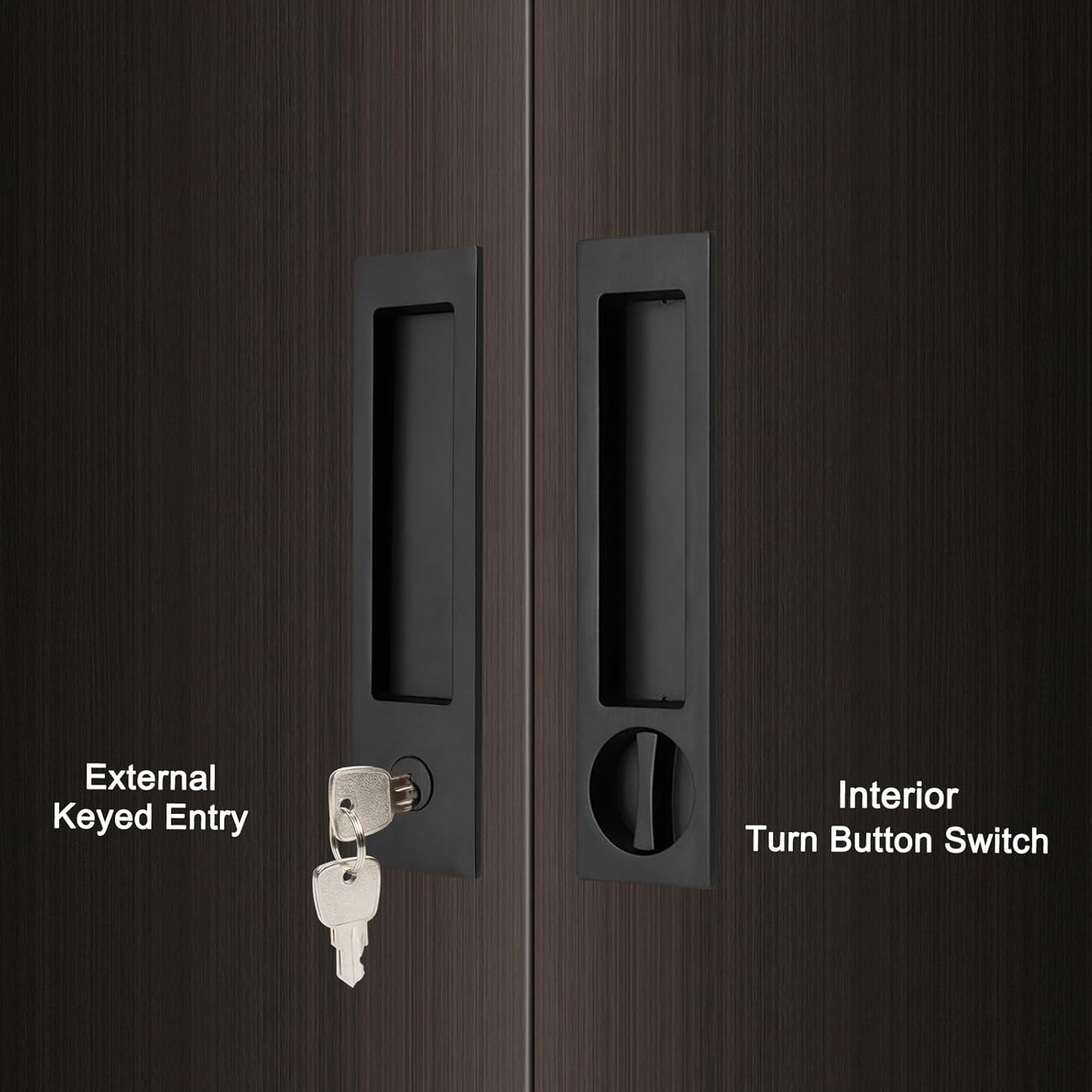 Matte Black Narrow Modern Rectangular Pocket Door Handle with Lock - Keyed Entry Function for 1 3/8” to 2 3/16” Thickness Doors