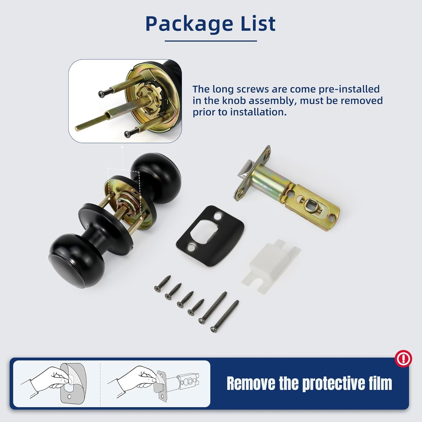 Matte Black Round Passage Door Knob for Right and Left Side Hallways - Keyless Interior Lock Hardware, Non-Locking Closet Knob - 1 Pack