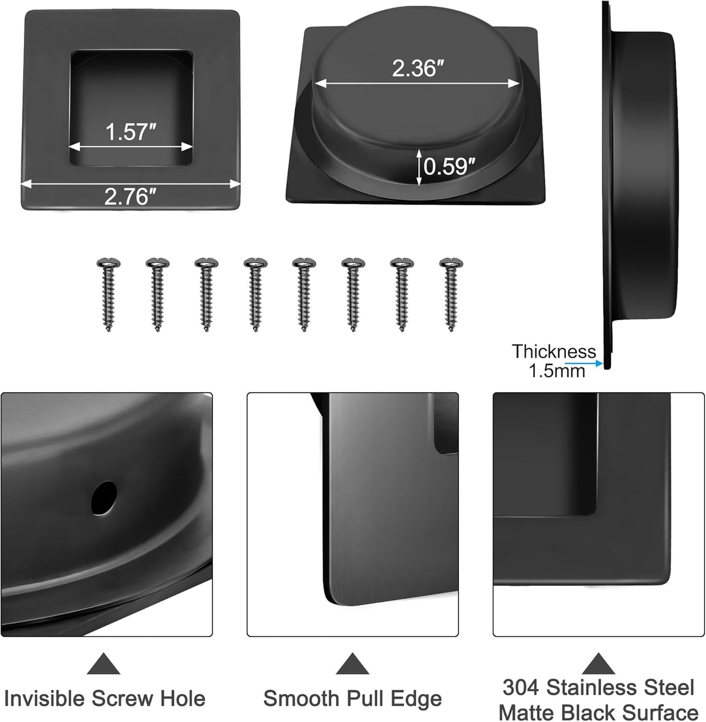 Matte Black Stainless Steel Recessed Finger Flush Pulls for Sliding Closet Doors - 2-3/4 Inch Square Barn Door Handles (4 Pack)