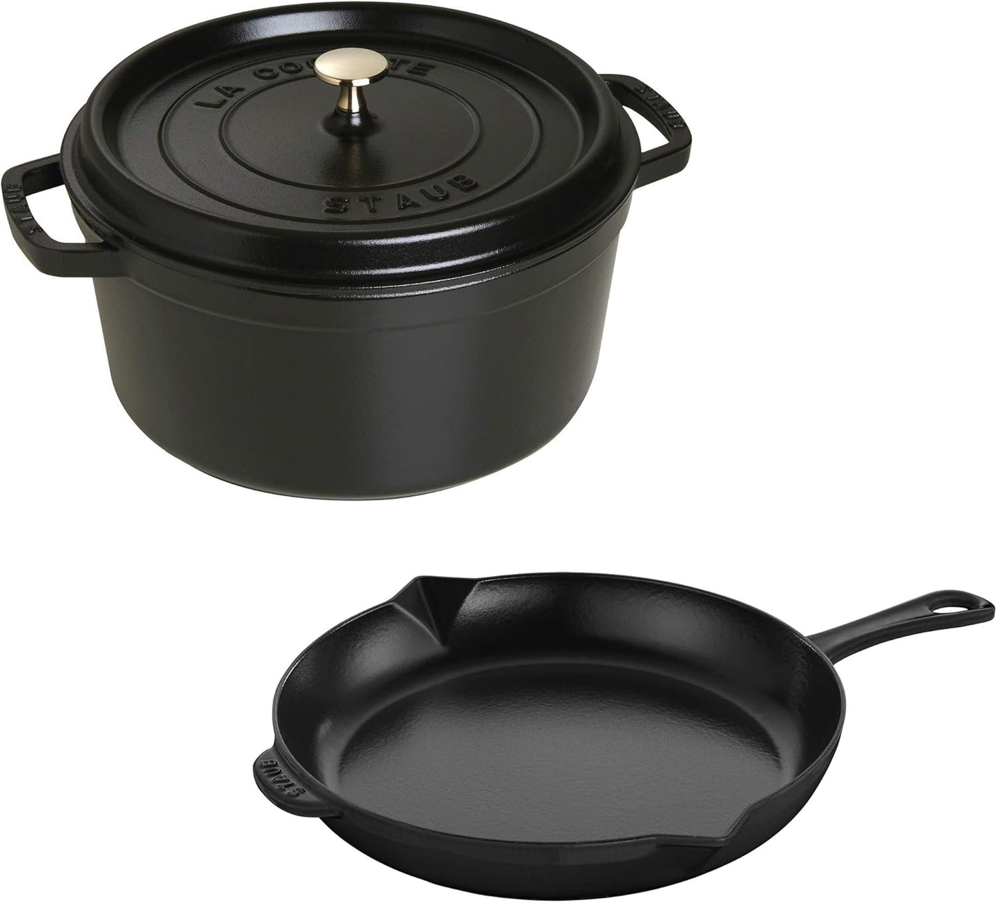 Matte Black Staub Cast Iron 3-pc Cocotte and Fry Pan Set - Handcrafted in France