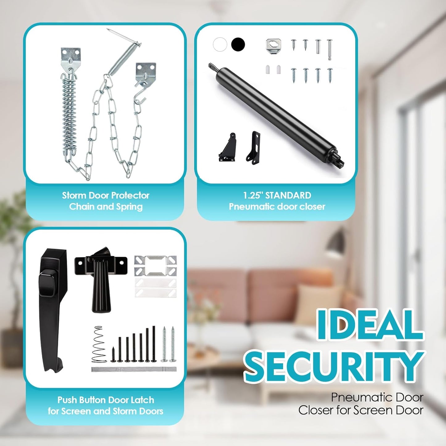 MaxxGeek Black Screen and Storm Door Closer Kit with Push Button Latch Set and Protector Chain, MGPneumatic002