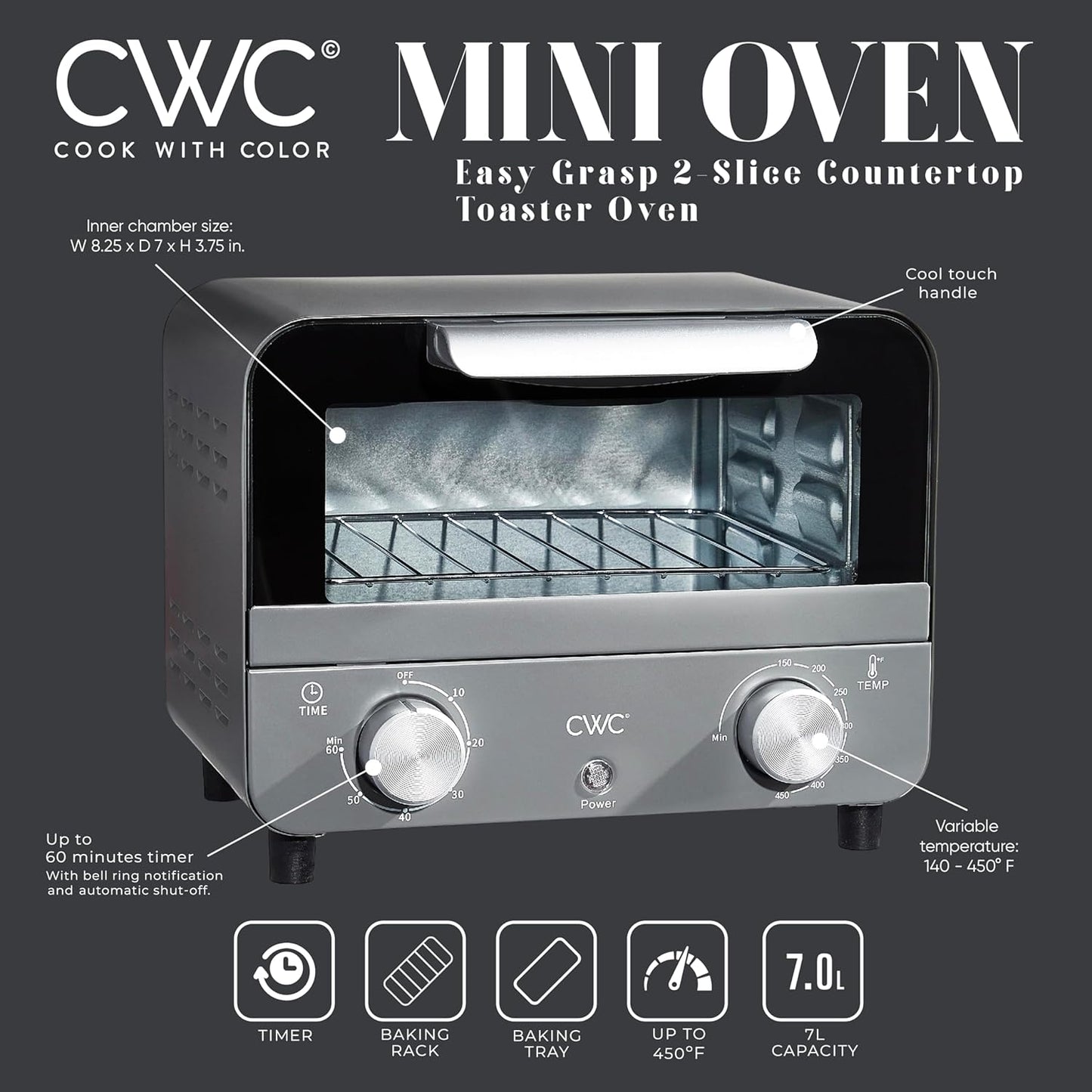 Mini Toaster Oven: 600W Power, Precision Timer, Auto Shutoff, Grey - Cook Culinary Delights Up To 450 Degrees