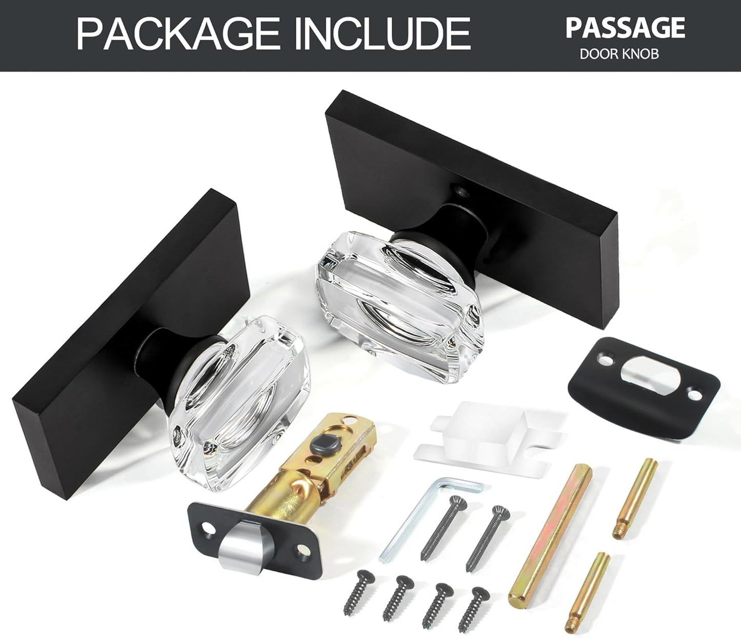 Modern Matte Black Crystal Glass Passage Door Knobs Interior for Closet Hallway with Heavy Duty Performance by HIEMEY