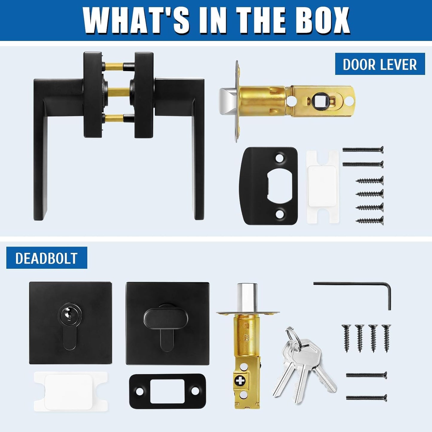 Modern Square Matte Black Passage Door Handles with Single Cylinder Deadbolts Combo Pack - Exterior Door Levers and Deadbolts Set, 2 Pack - WildKart