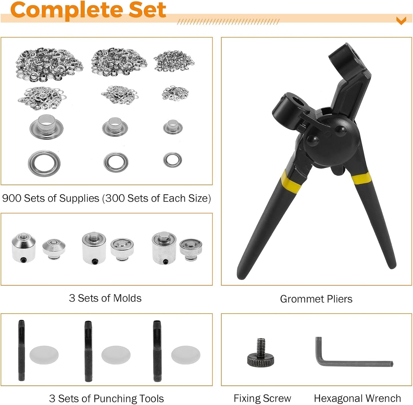 Multi-Size Grommet Tool Kit with 900 Supplies and Hollow Hole Punch Tool for Tarp, Leather, Canvas