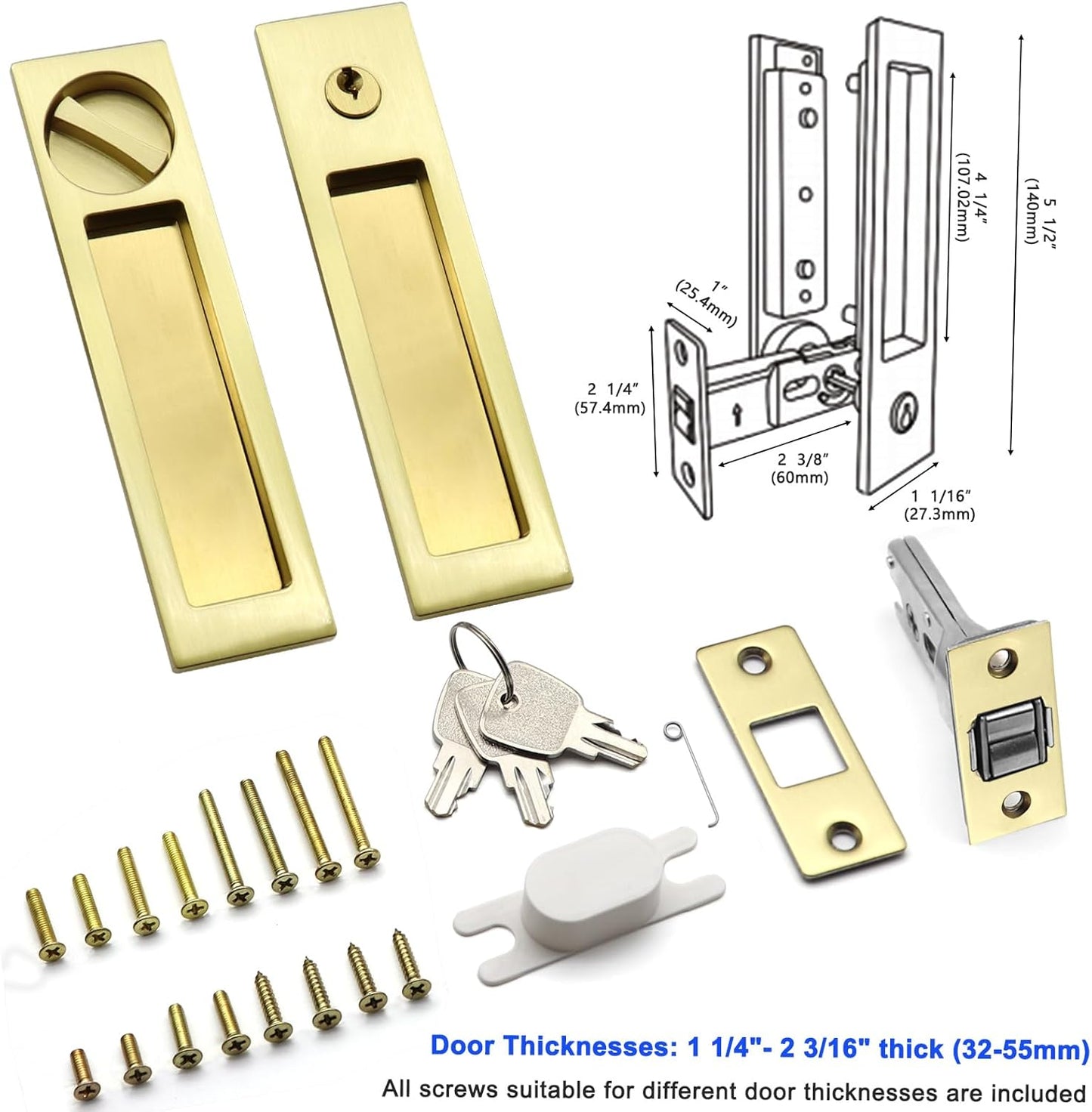 Narrow Modern Rectangular Pocket Door Handle with Lock - Keyed Entry Function for 1 3/8” to 2 3/16” Thickness Doors - (2, Satin Brass)