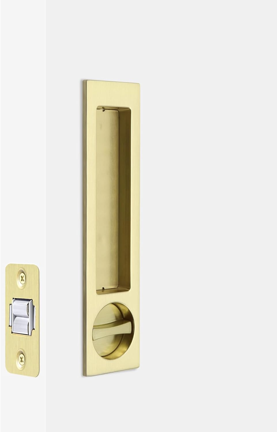 Narrow Modern Rectangular Pocket Door Handle with Lock - Keyed Entry Function for 1 3/8” to 2 3/16” Thickness Doors - (2, Satin Brass)