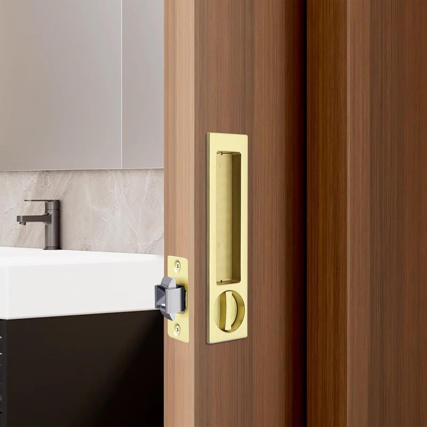 Narrow Modern Rectangular Pocket Door Handle with Lock - Keyed Entry Function for 1 3/8” to 2 3/16” Thickness Doors - (2, Satin Brass)