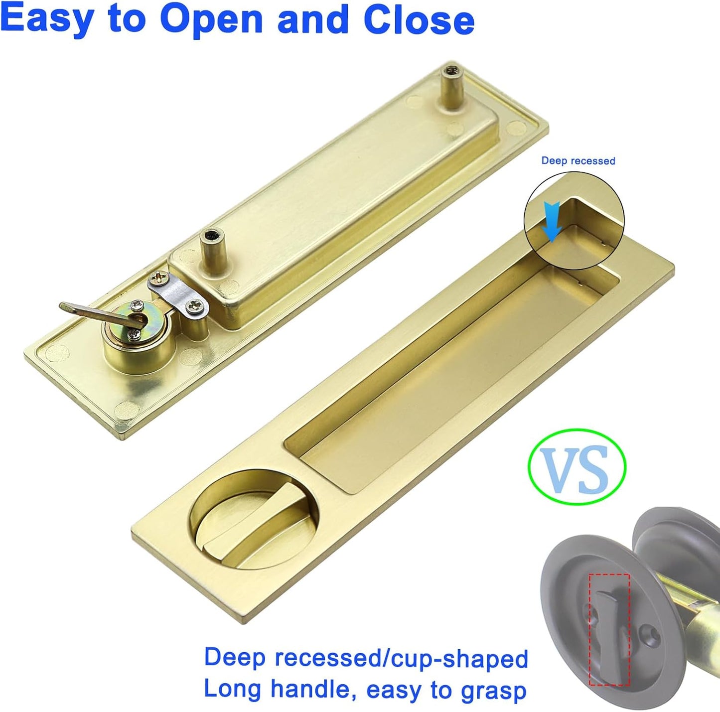 Narrow Modern Rectangular Pocket Door Handle with Lock - Keyed Entry Function for 1 3/8” to 2 3/16” Thickness Doors - (2, Satin Brass)