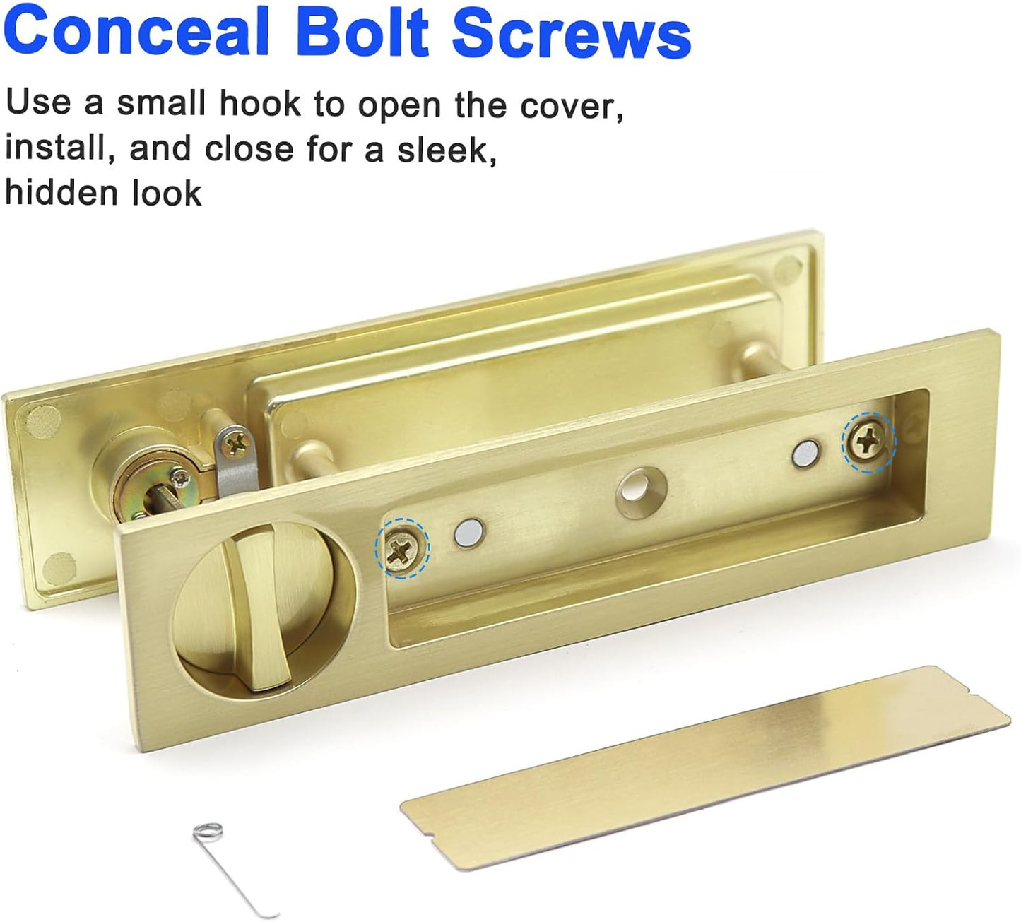 Narrow Modern Rectangular Pocket Door Handle with Lock - Keyed Entry Function for 1 3/8” to 2 3/16” Thickness Doors - (2, Satin Brass)