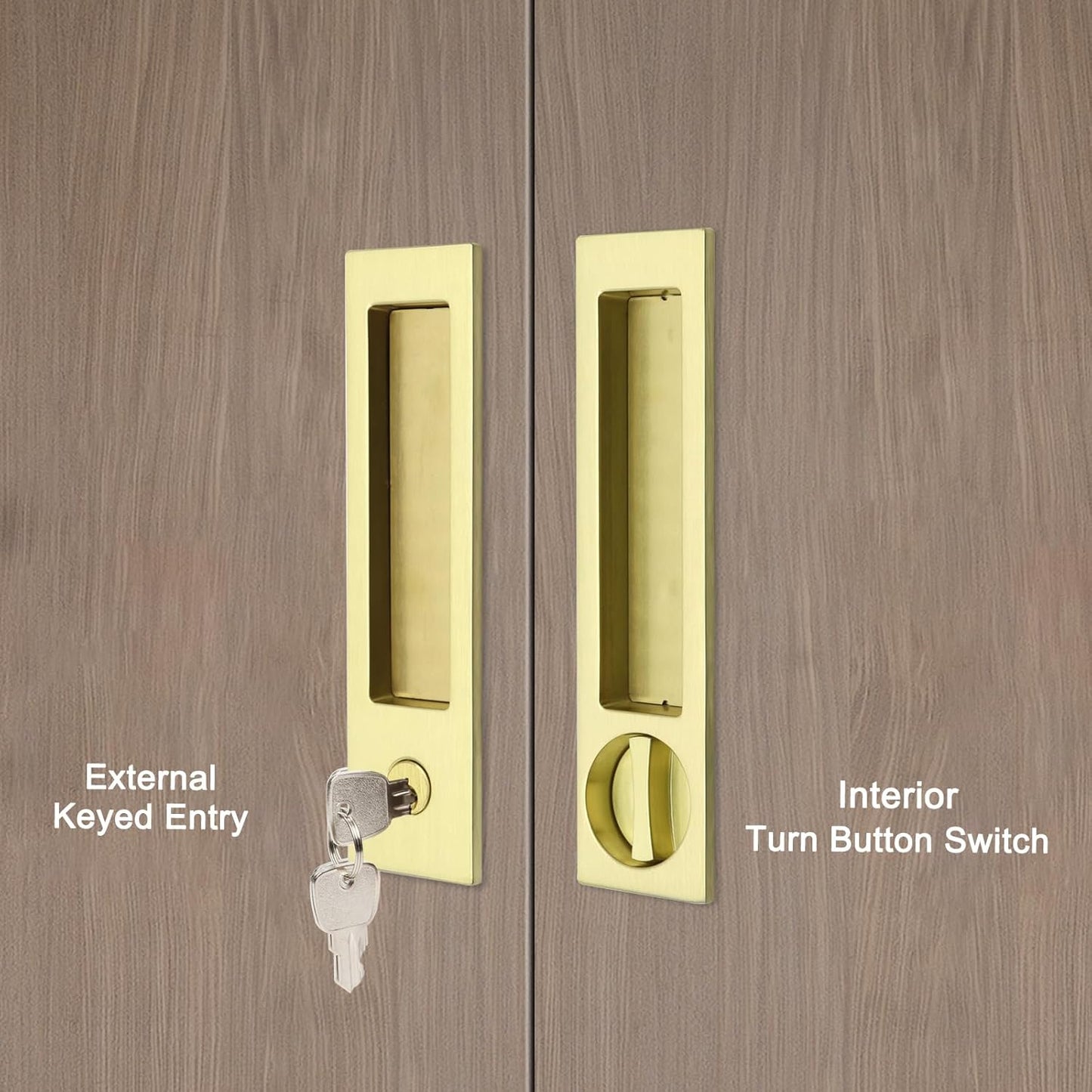 Narrow Modern Rectangular Pocket Door Handle with Lock - Keyed Entry Function for 1 3/8” to 2 3/16” Thickness Doors - (2, Satin Brass)