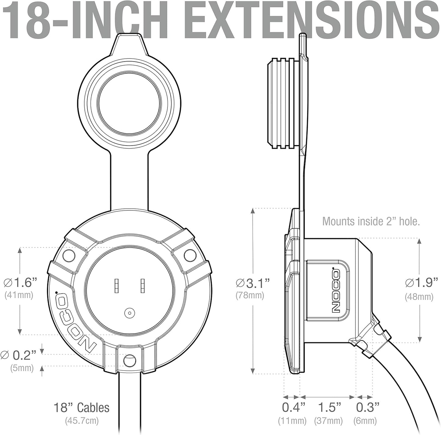 NOCO GCP2 15A AC Port Plug with Waterproof Outlet Receptacle Box and Dual 18-Inch Extension Cords