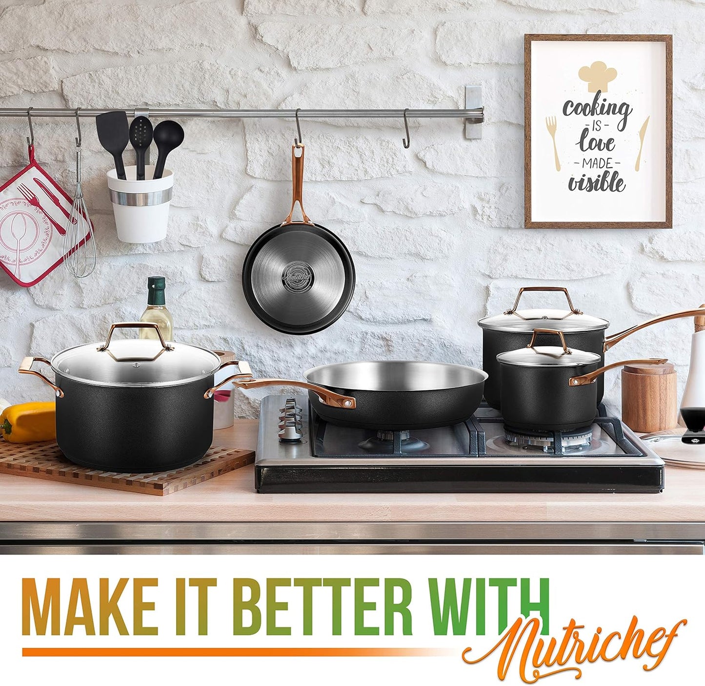 NutriChef 11-Piece Kitchen Set with Modern Non-Stick Cookware and Stylish Golden Handles